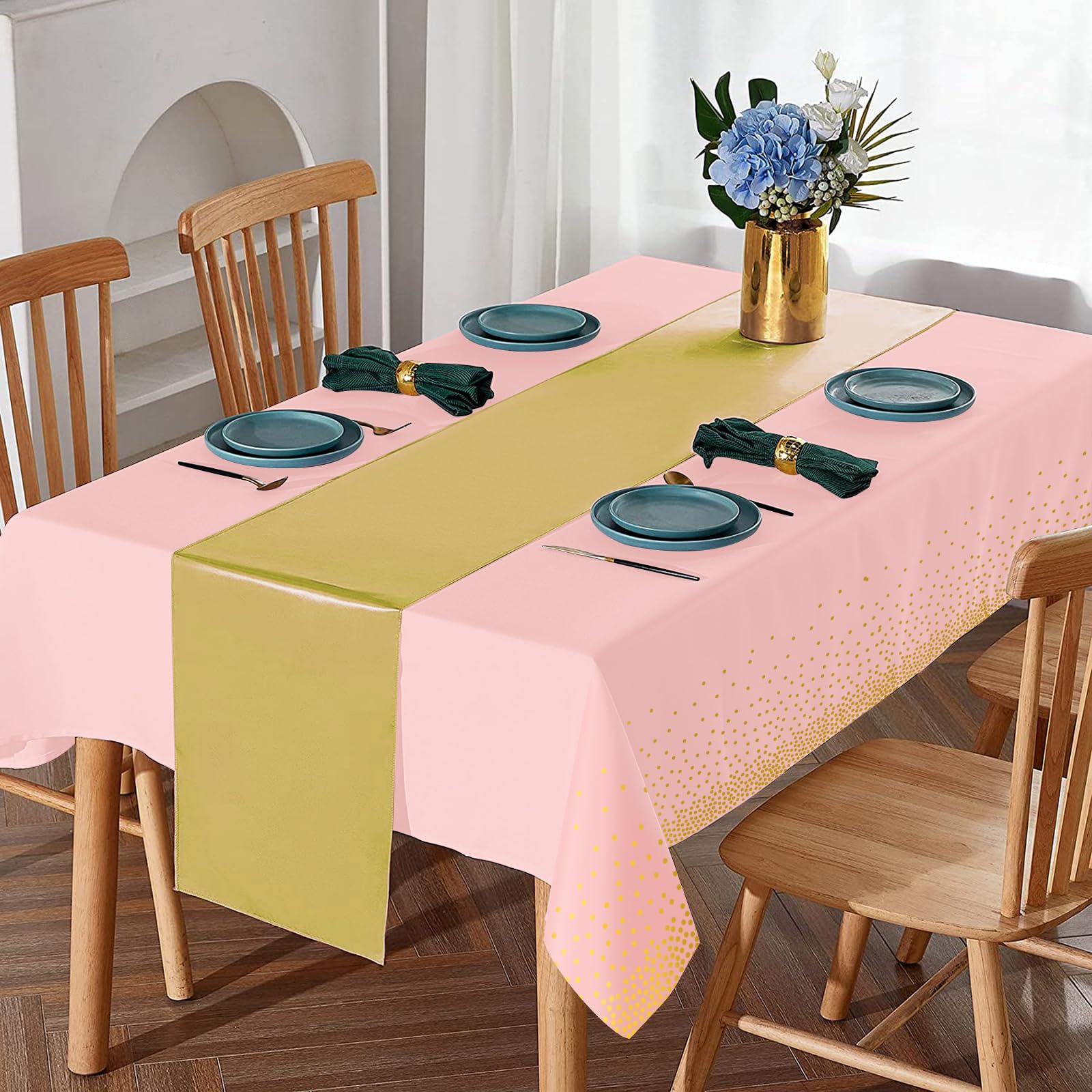 8Pack Disposable Plastic Tablecloths and Satin Table Runner Set Pink and Gold Dot Tablecloth Gold Satin Table Runner for Wedding Birthday Baby Shower Anniversary Christmas New Year Party Supplies