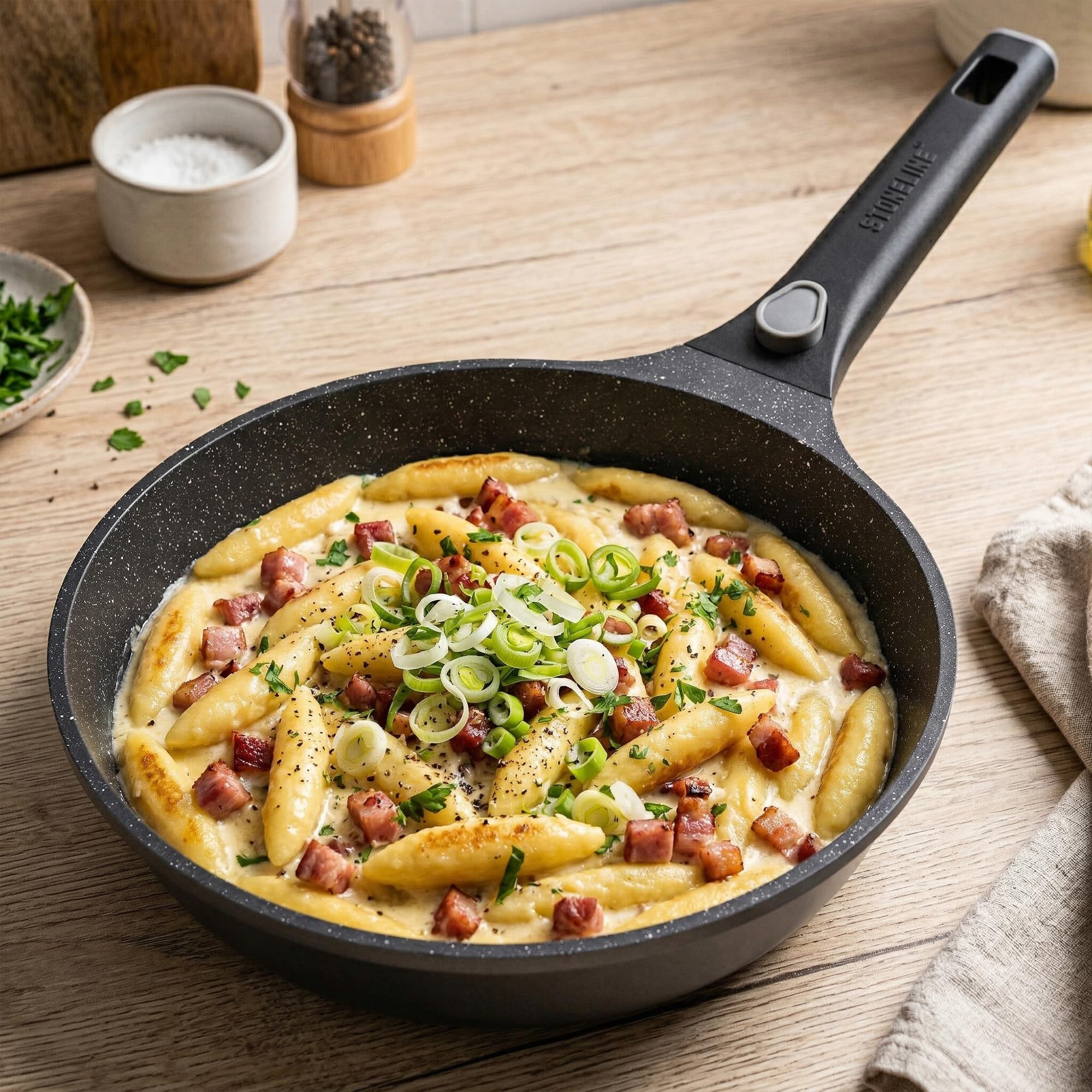 STONELINE SMART Juego de Sartenes 2 Piezas 24/28 cm, Sartén Grande Aluminio Fundido, Mango Desmontable, Sartén Inducción, Todo Tipo de Cocinas, Antiadherente con Partículas de Piedra Reales, Gris