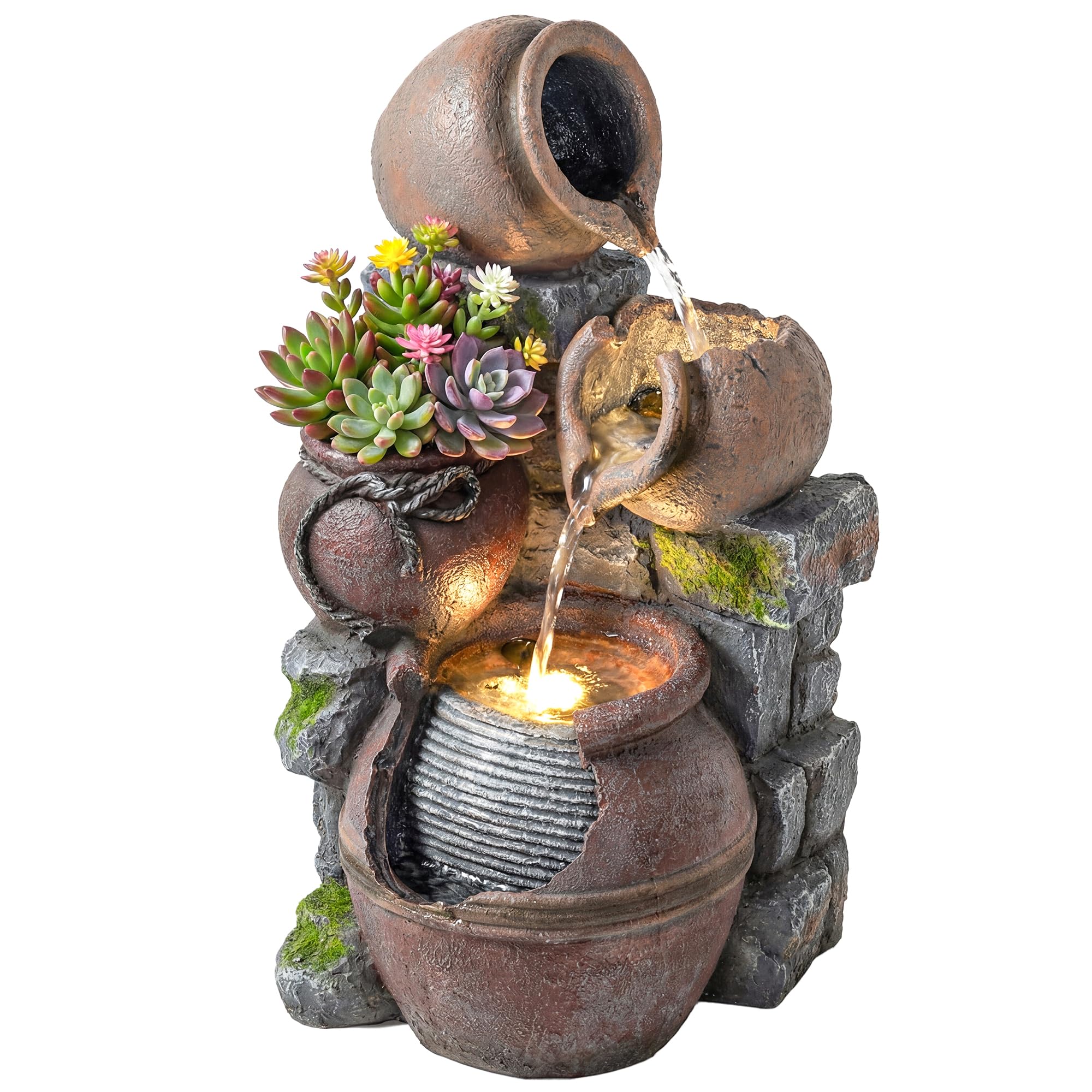 Outsunny Outdoor Fountain with 4-Tier Rustic Pot Design, Cascading Rock Waterfall with LED Lights and Adjustable Flow, Freestanding Resin Waterfall Feature for Patio Garden - 2