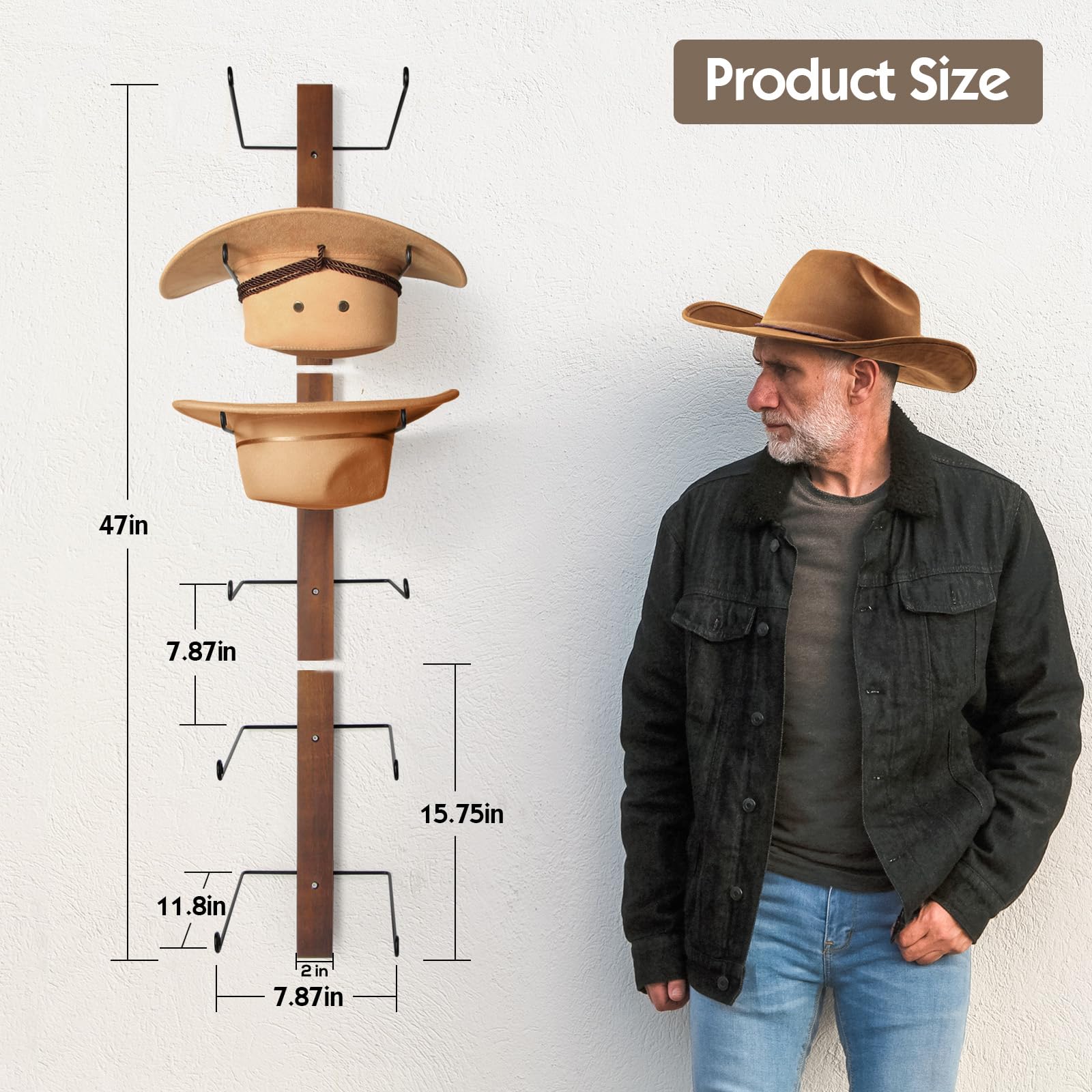 Porta Cappelli da Cowboy - 6 Pezzi Con Bordo in Legno, Organizer da Parete in Metallo per Collezione