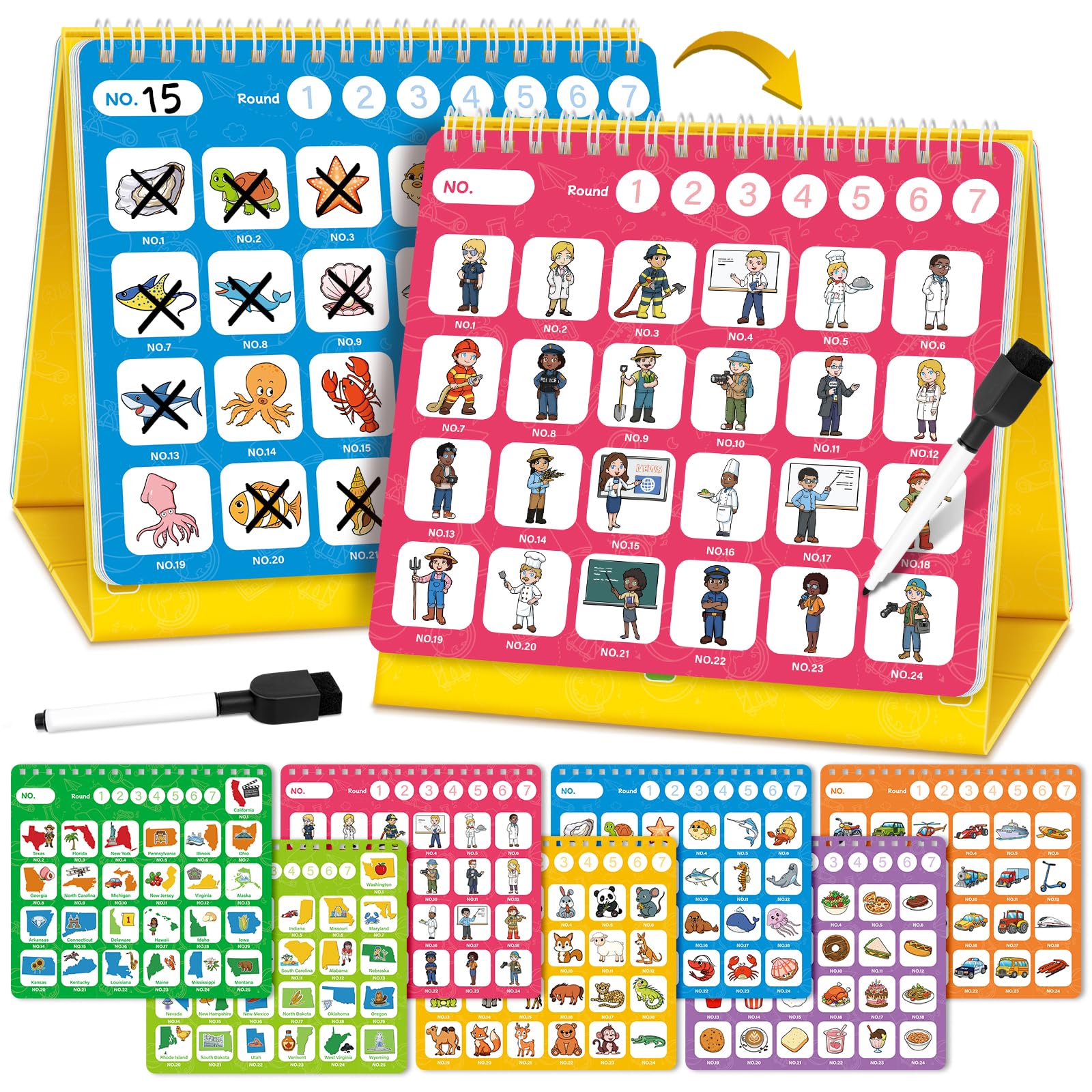 Torlam Identify & Match Game, Learn Professions, Food, Transportation, Wild and Sea Animals, 50 States, Educational Board Games Family Travel Party Camping Road Trip Car Activities for Kids 4-8 Adults