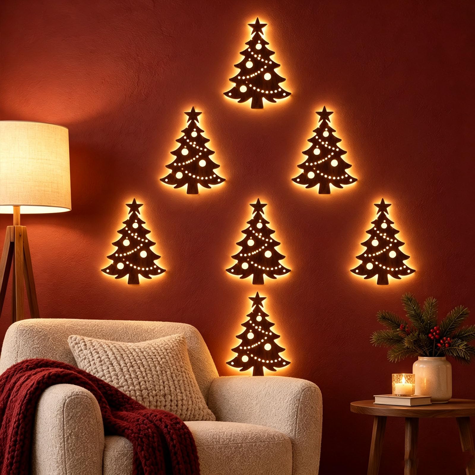 7pcs 3D Light Up Wooden Christmas Tree Wall Decor with Warm LED
