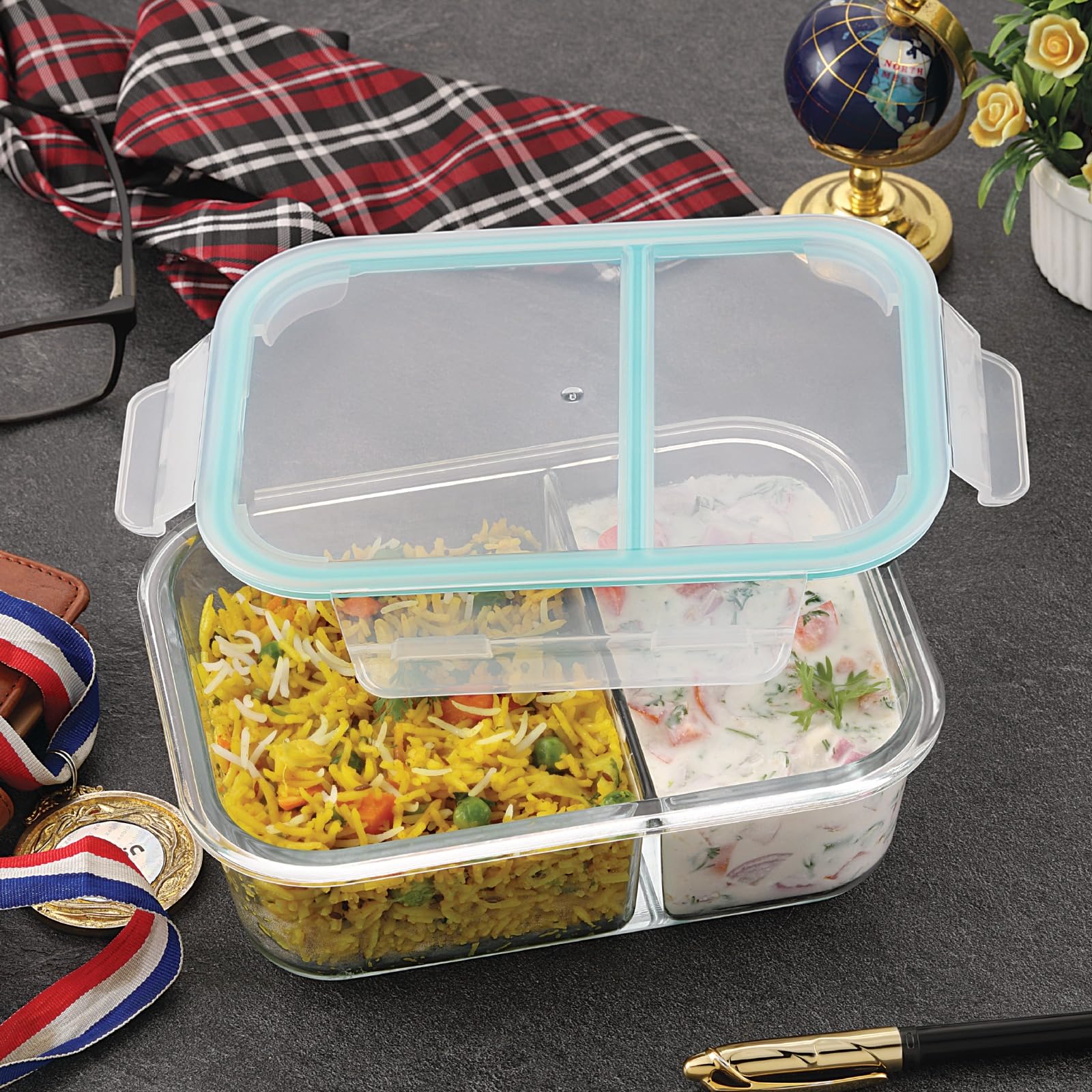 Attro Glassox - Lonchera con dos compartimentos y tapa de bloqueo, recipiente de vidrio de borosilicato, apto para microondas y congelador, hermética, a prueba de fugas, 580 ml