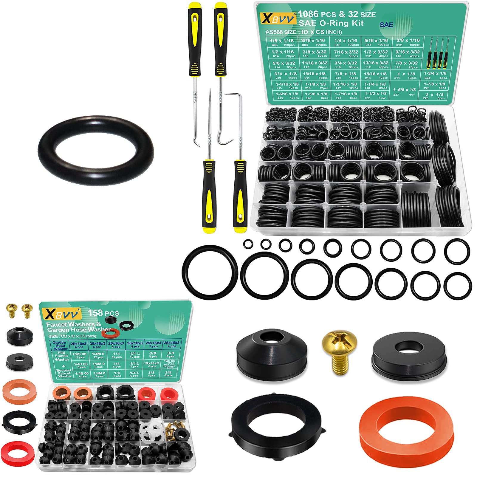 XBVV 1086 Pcs 32 Size SAE O Ring Assortment Kit and 158 Pcs Faucet Washers and Garden Hose Gasket Kit for Faucet Plumbing Hydraulic Sealing Repair