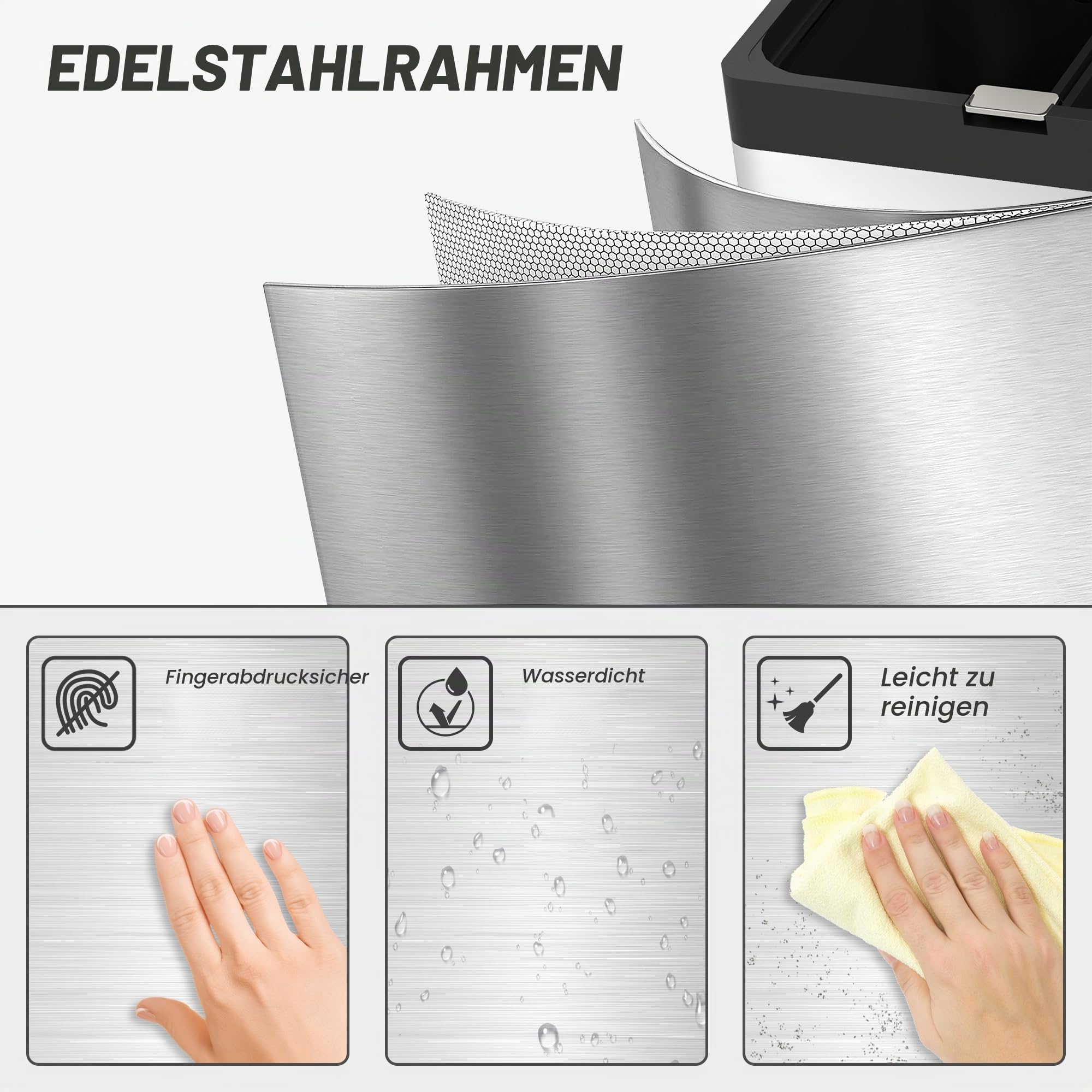 HOMCOM Rechteckiger Tretabfalleimer, 56L, Küchenabfalleimer, 3 Fächer, sanfter Verschluss, aus spurlosem Edelstahl, Abfalleimer mit Rollen, herausnehmbarer Inneneimer, Silber