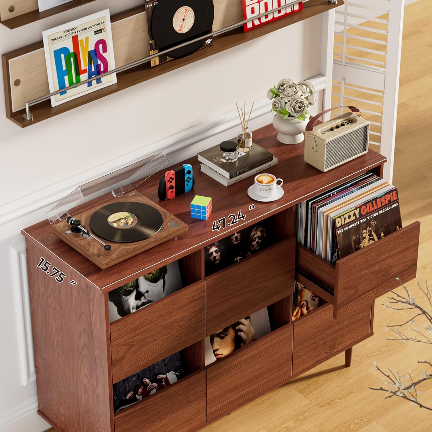 BROTTAR Large Record Player Stand with Vinyl Storage, Record Storage Cabinet, Mid Century Turntable Stand, Vinyl Record Storage Organizer with Shelves for Bedroom, Living Room, Brown
