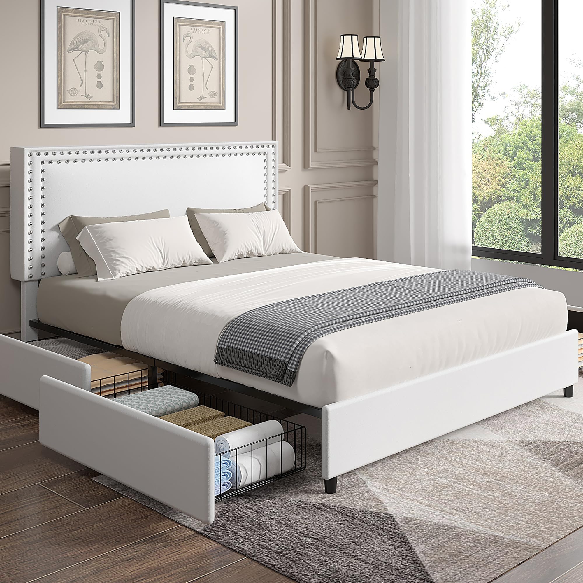 VECELO Queen Size Upholstered Bed Frame with 4 Storage Drawers, Adjustable Velvet Rivet Decor Headboard, Wooden Slats Platform Support, No Box Spring