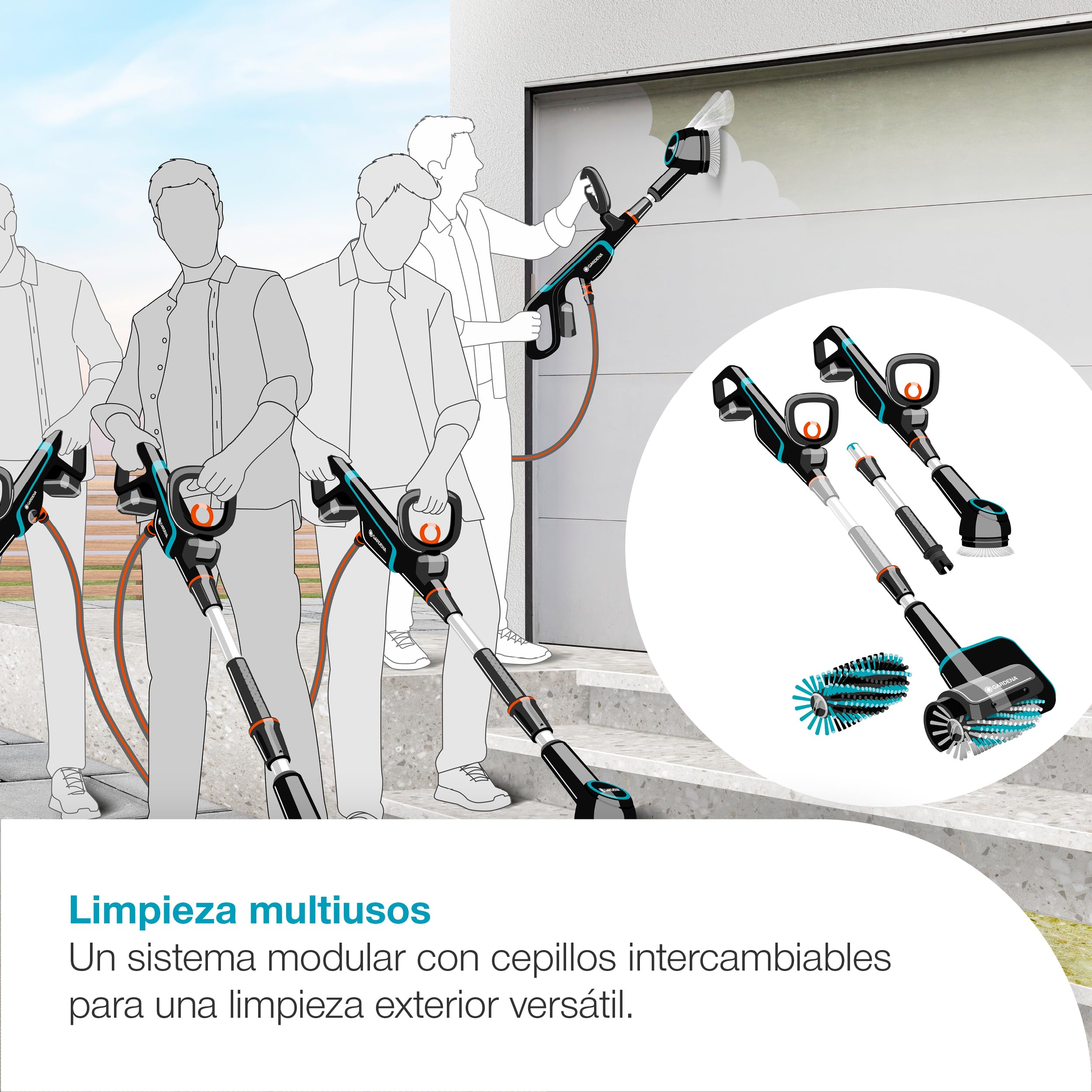 Gardena Multi limpiador AquaBrush Universal a batería 04/18V P4A Set listo para usar: Exterior, Superficie universal, Cepillo de perfilado, Funcionamiento con un solo toque, Sin cable (14842-20)