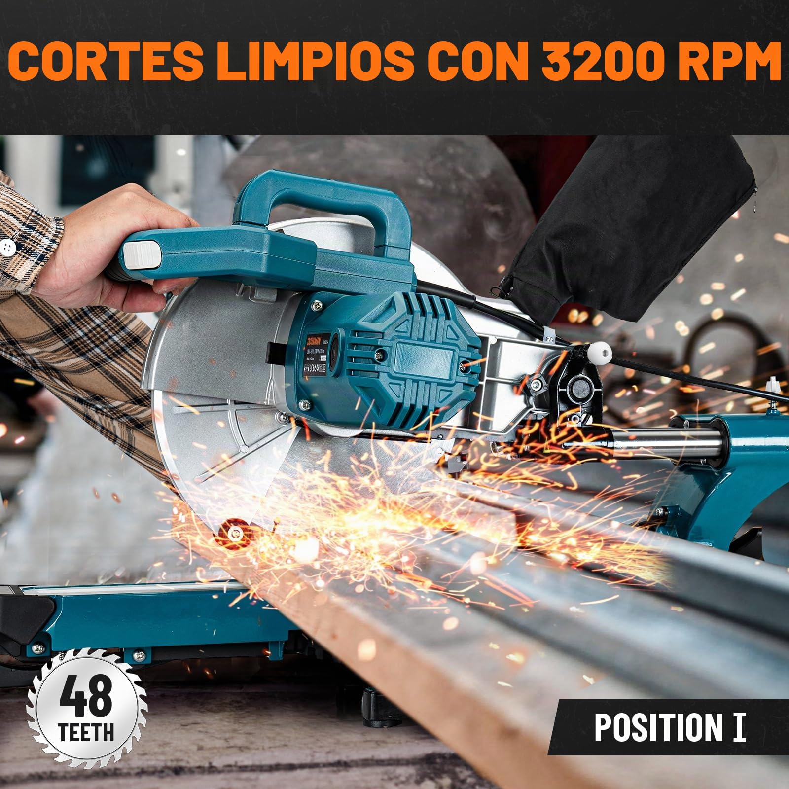 DOVAMAN DMS01A Sierra Ingletadora 2000W, 2 Velocidades 3200/5000 RPM, 3 Hojas TCT, Corte Máx 340x90mm, Inclinación 0–45°, Guía Láser, 9 Posiciones, Para Madera PVC Aluminio Metales Blandos