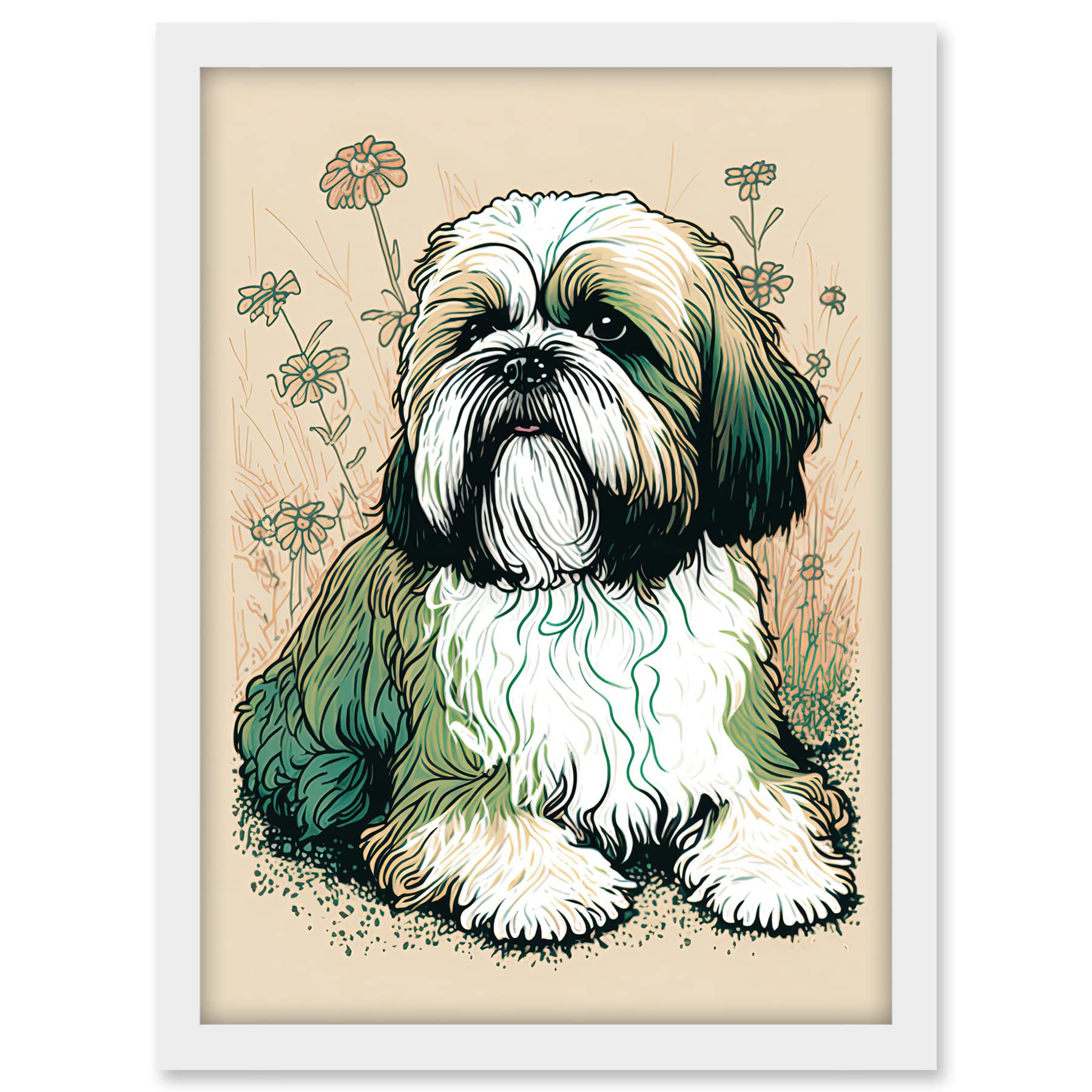 Artery8 Shih Tzu Dog with Daisies Modern Multicoloured Linocut Illustration Artwork Framed A3 Wall Art Print