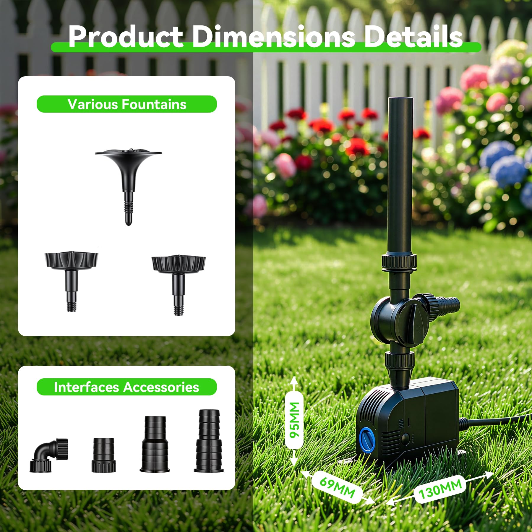 Pompa per Fontana da Giardino 1500L/h 25W, Pompa per Laghetto Sommergibile con Filtro e Ugelli, Risparmio Energetico per Decorazioni Acquatiche