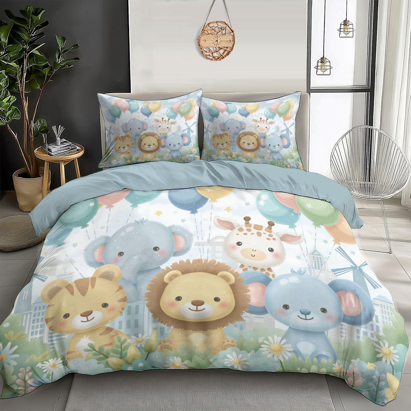 Housse de couette 200x200cm avec fermeture éclair et motif animaux