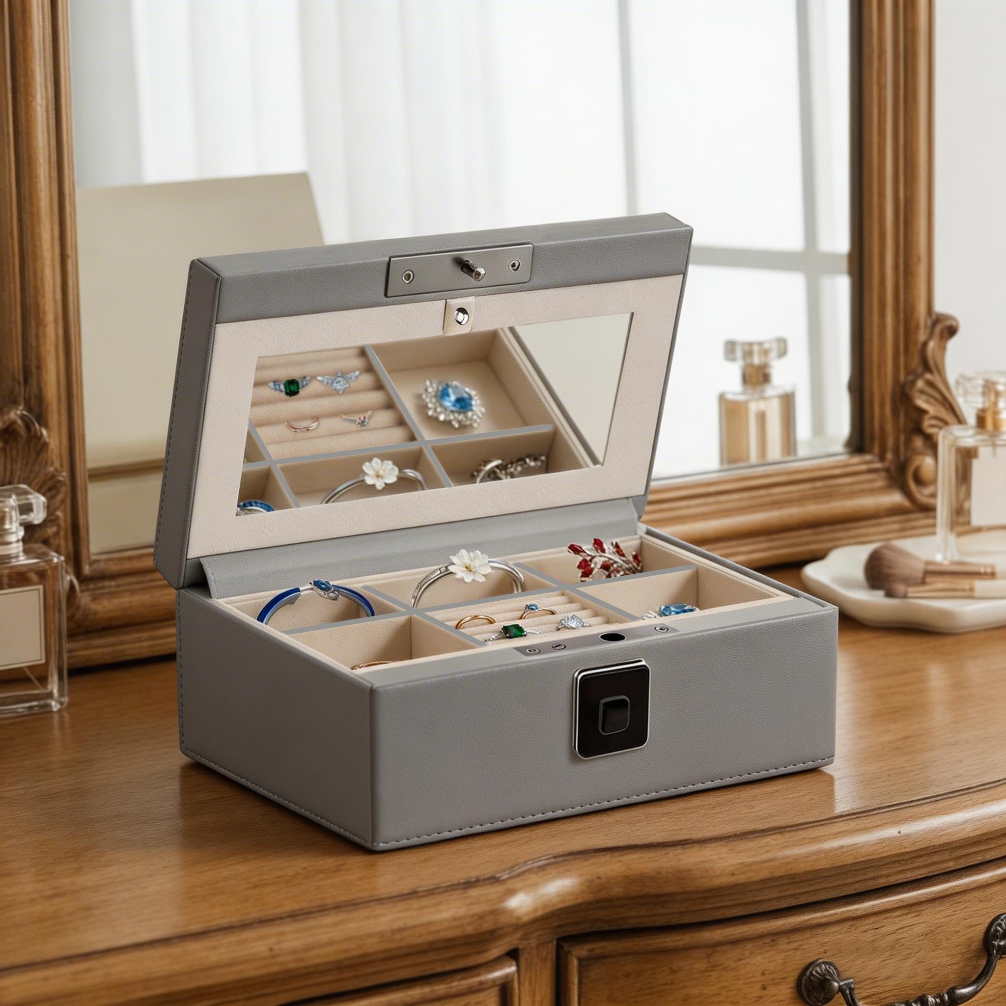 VALINIRT Jewellery Box, Leather Wrapped Jewellery Box with Lock & Mirror, Ultra-Lightweight, Biometric Fingerprint Safe Suitable for Home Use & On-the-Go(Three-Tier Gray)