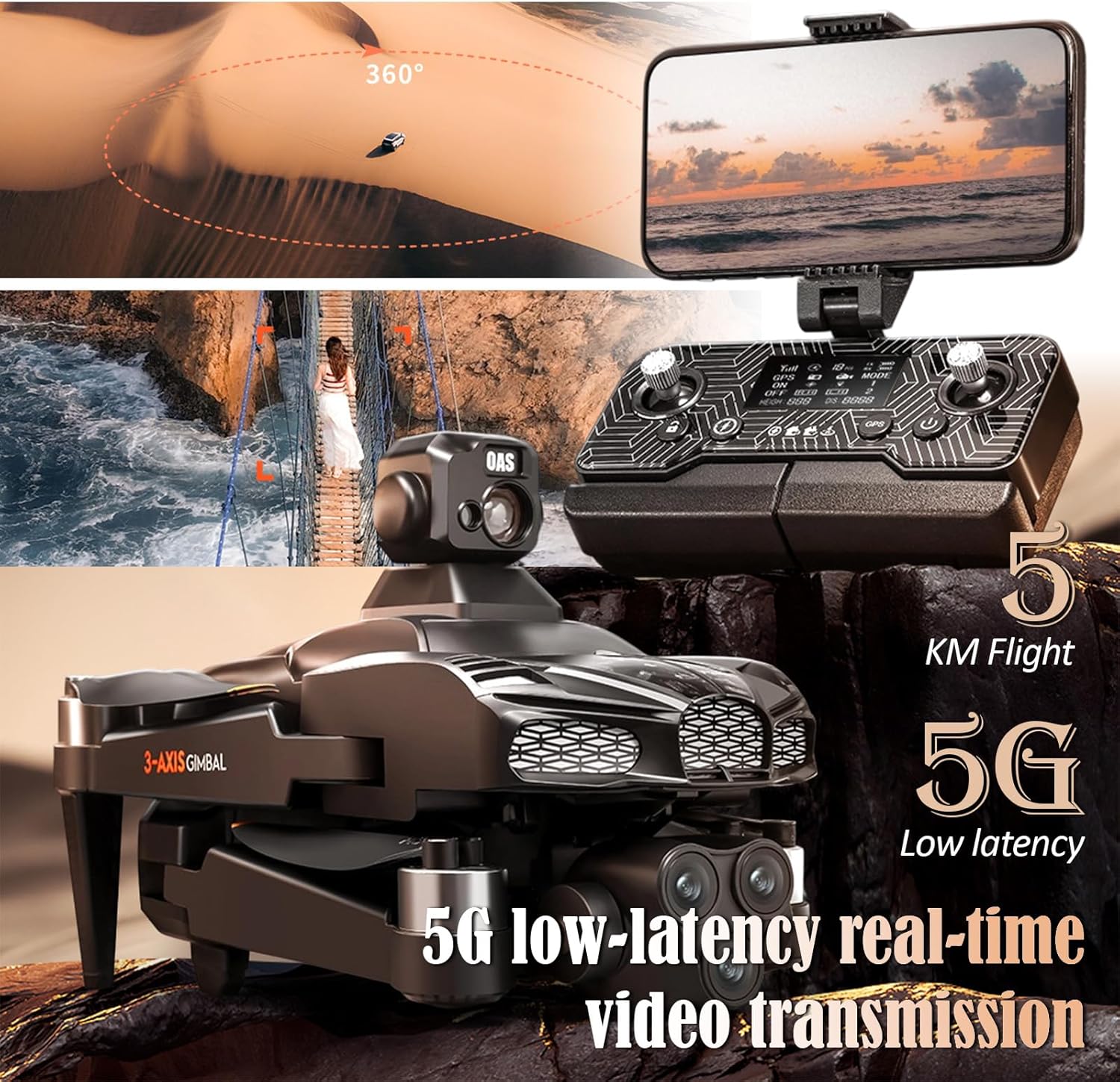 5G Brushless Drone with Camera for Adults 4K, 8K GPS FPV Drone with 3-Axis Gimbal & 360° Obstacle Avoidance - Foldable RC Drones for Adults, 5KM Transmission, 60min Flight, Auto Return, 50X Zoom (black)