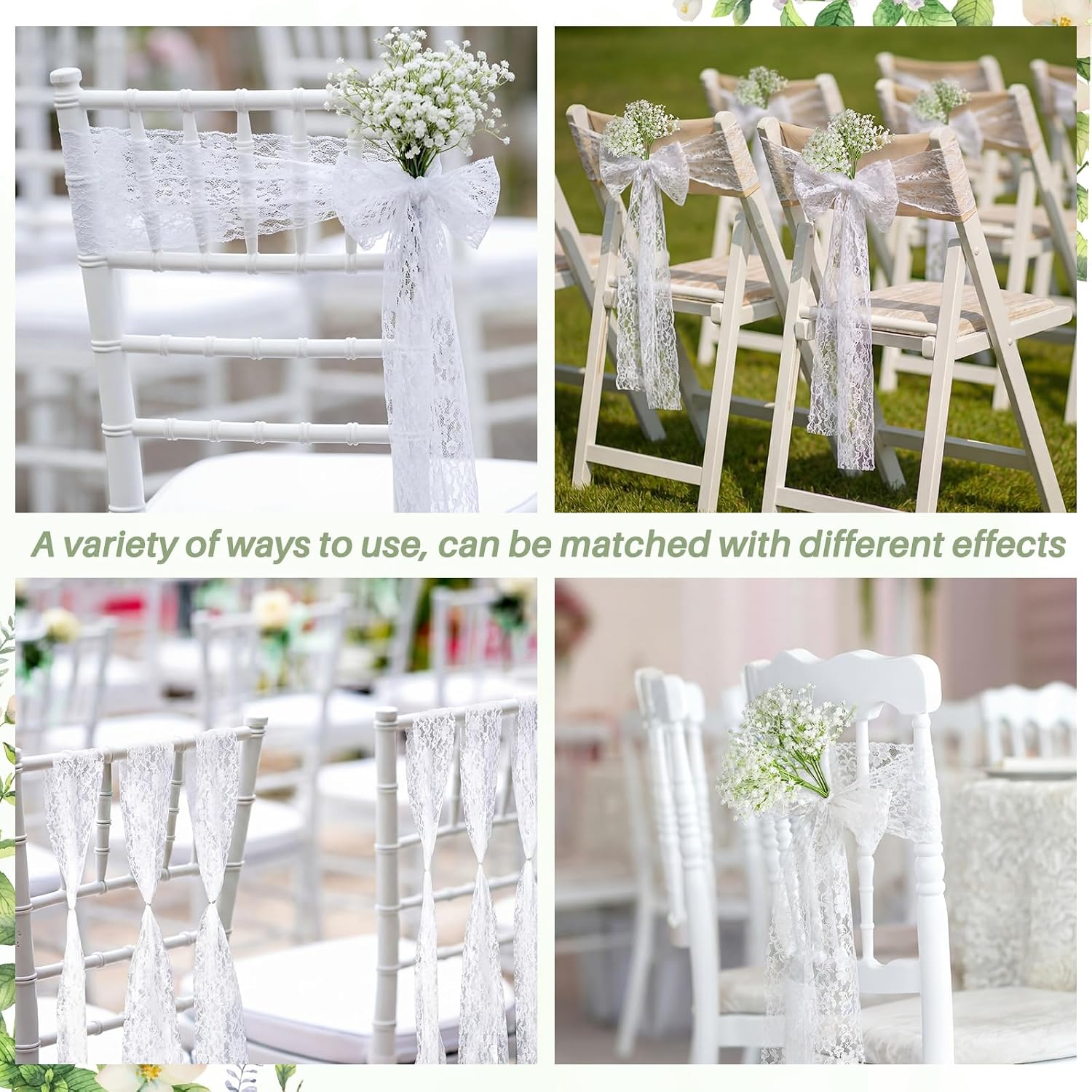 Moukeren 24 Sets White Lace Chair Sashes with Artificial Baby's Breath, 8.2ft Wedding Aisle Pew Decorations Church Ceremony Chair Ribbons for Bridal Shower Banquet Party Decor