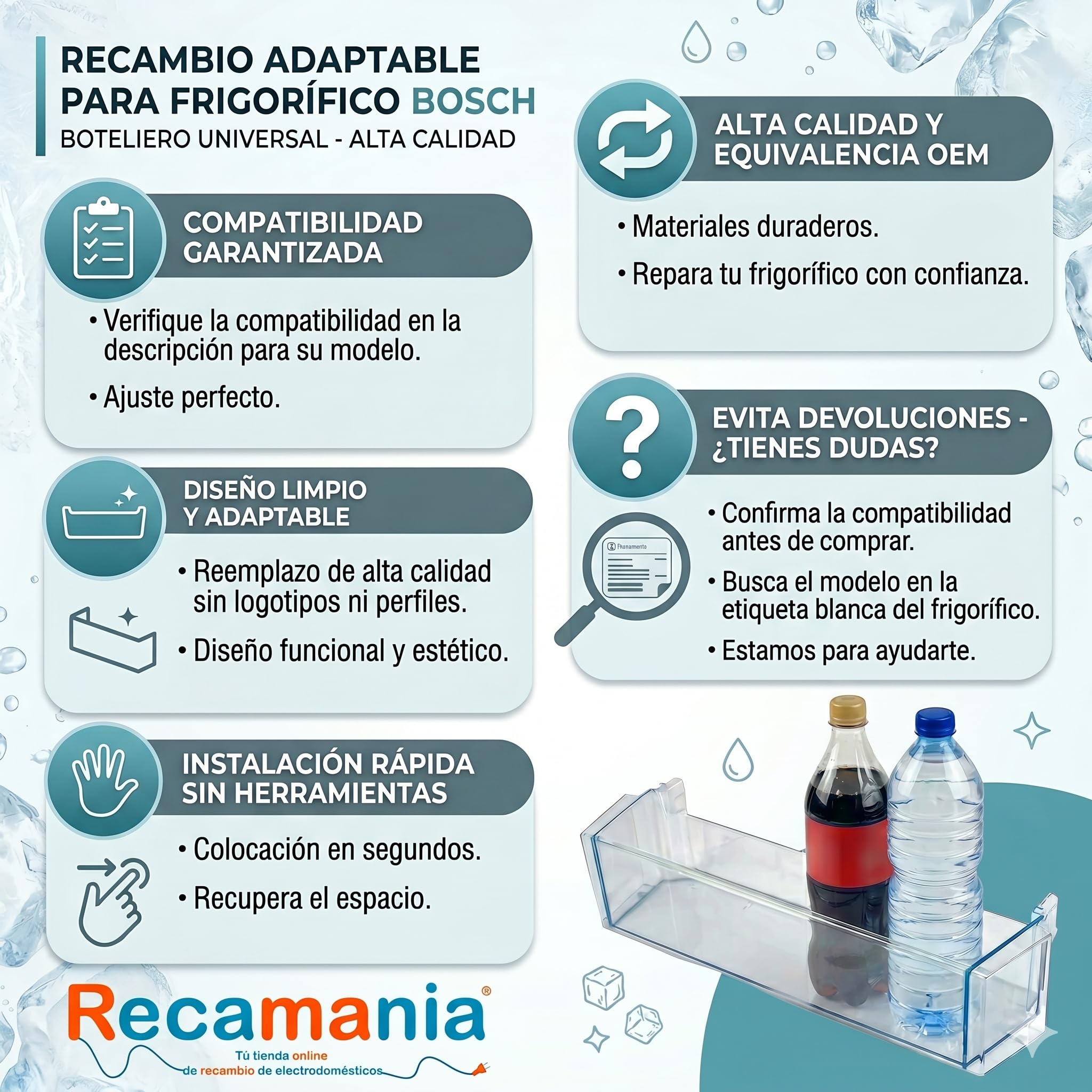 Estante Botellero Frigorífico Compatible con BOSCH 00709646 | Sustituye 00744473, 00705901, 0070475