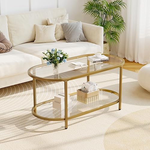 Miniatura 5 de Mesa auxiliar de cristal dorado para sala de estar, mesa central ovalada de 2 niveles con marco de metal resistente, mesa moderna de vidrio templado