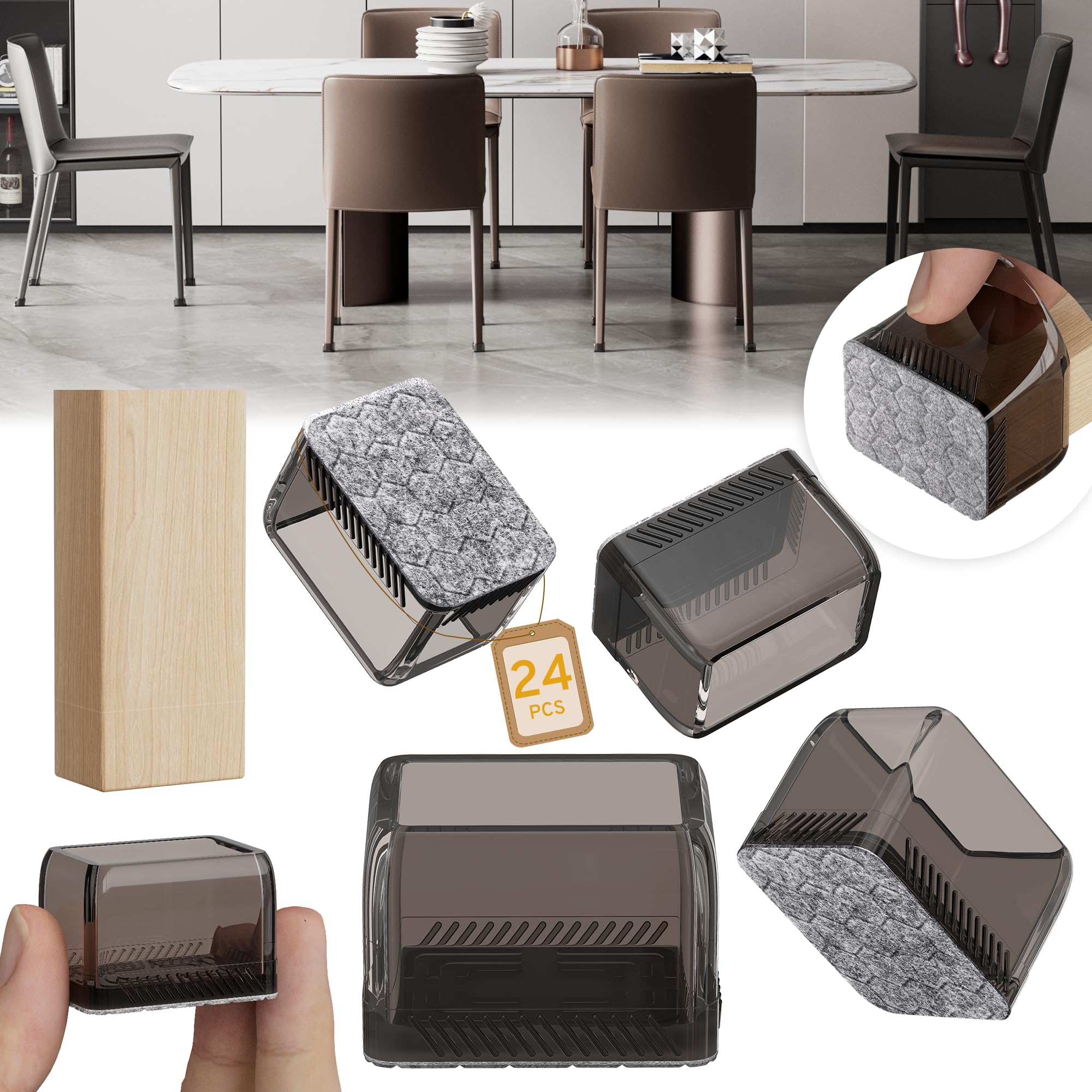24 protectores rectangulares para patas de silla, deslizadores de muebles, almohadillas de fieltro antideslizantes para suelos de madera dura, cubiertas de silicona para proteger los suelos, (ajuste