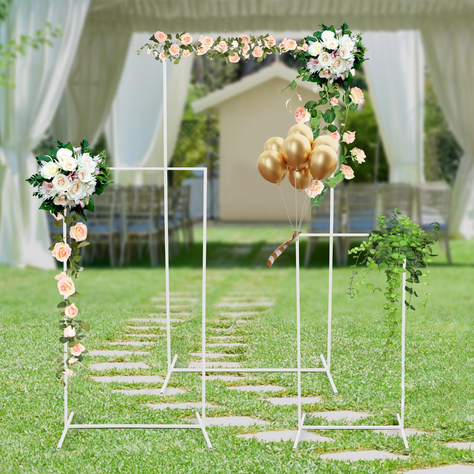 Sfondo per fogli di matrimonio, rettangolare, regolabile, in metallo, per sfondi fotografici, feste, compleanni, matrimoni, feste di laurea (1,9 m/1,6 m/1,3 m) (bianco)