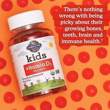 Garden of Life Kids Organic Vitamin D3 Gummies with 800 IU (100% Daily Value) for Strong Bones, Teeth, Brain & Immunity Non-GMO, No Gluten, Vegetarian, Sugar Free, Orange Flavor, 60 Servings