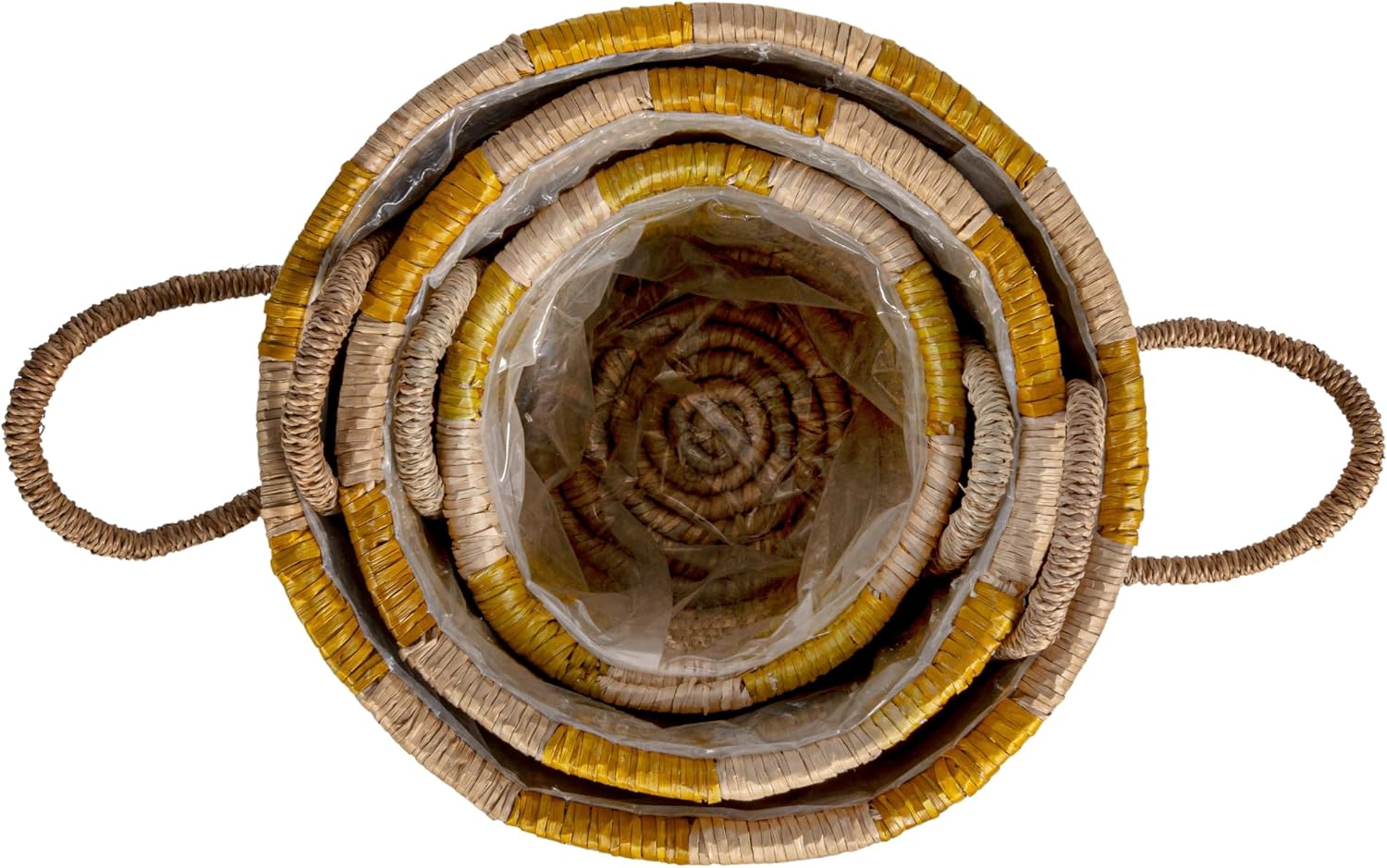 Creative Co-Op 3-Piece Hand-Woven Seagrass Baskets with Stripes, Handles and Plastic Lining, Natural and Yellow