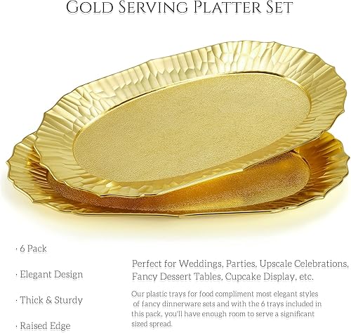 Miniatura 3 de AVLA Paquete de 6 bandejas de plástico para servir, juego de platos dorados, bandeja reutilizable para servir aperitivos, platos decorativos para