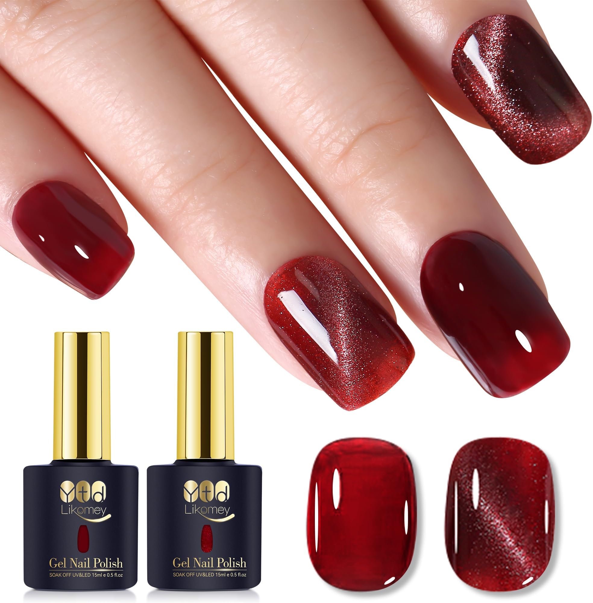 YTD Likomey UV Nail Polish Set, 2 Pieces, 15 ml, Cat Eye Berry Red and Translucent Berry Red with Magnet, Translucent Nail Gel, Cat's Eye Jelly UV/LED Gel Polish