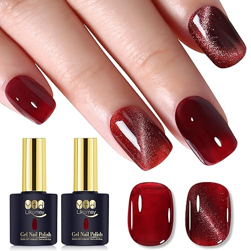 YTD Likomey Juego de Esmalte de Uñas en Gel, Rojo Baya 2 Piezas 15ml Ojo de Gato con Brillo y Conjunto Rojo Sangre Translúcido, Otoño Invierno