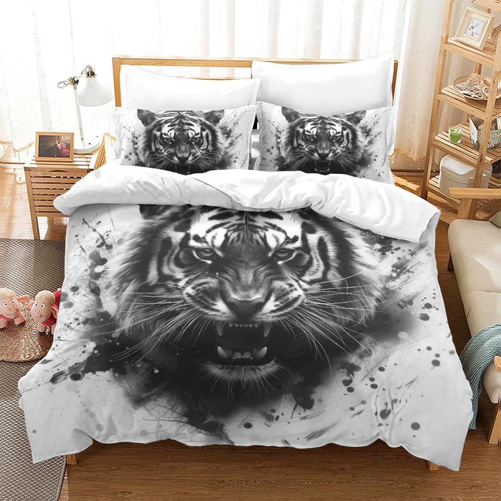 Housse de couette tigre 3D en microfibre King 220x240cm avec ses 2 taies d'oreiller
