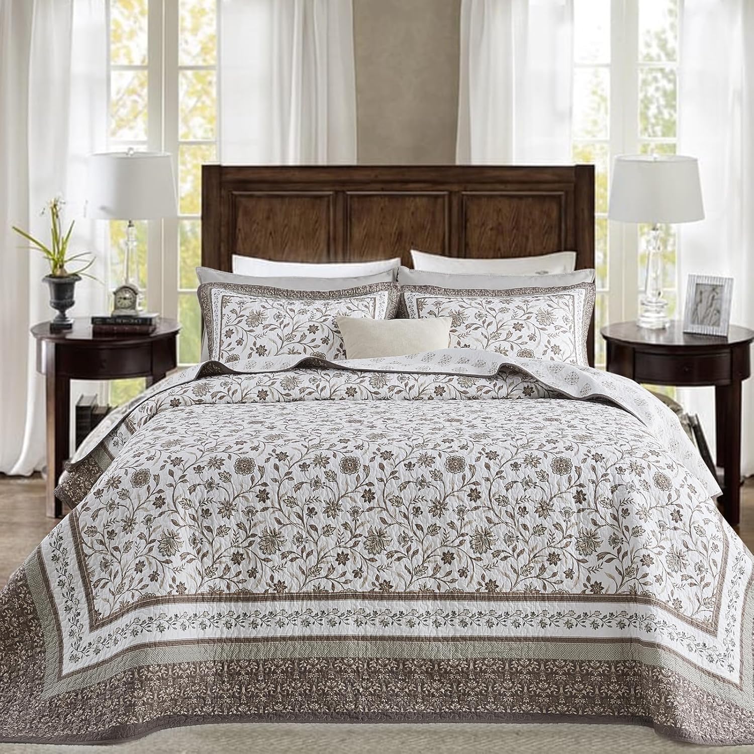 100% Cotton Bedspread King Size 120"x120" - Farmhouse Lightweight Oversized King Quilt with 2 Pillowshams, Reversible Printed Botanical Pattern Quilted Bedding Coverlet, 3 Pcs, Brown/White