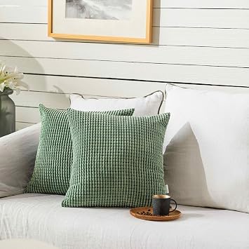 FY FIBER HOUSE Pack of 2 Comfy Corduroy Corn Granules Throw Pillow Covers Christmas Decorative Square Cushion Pillowcase for Couch Sofa Bed 18 X 18 Inch, Bean Green