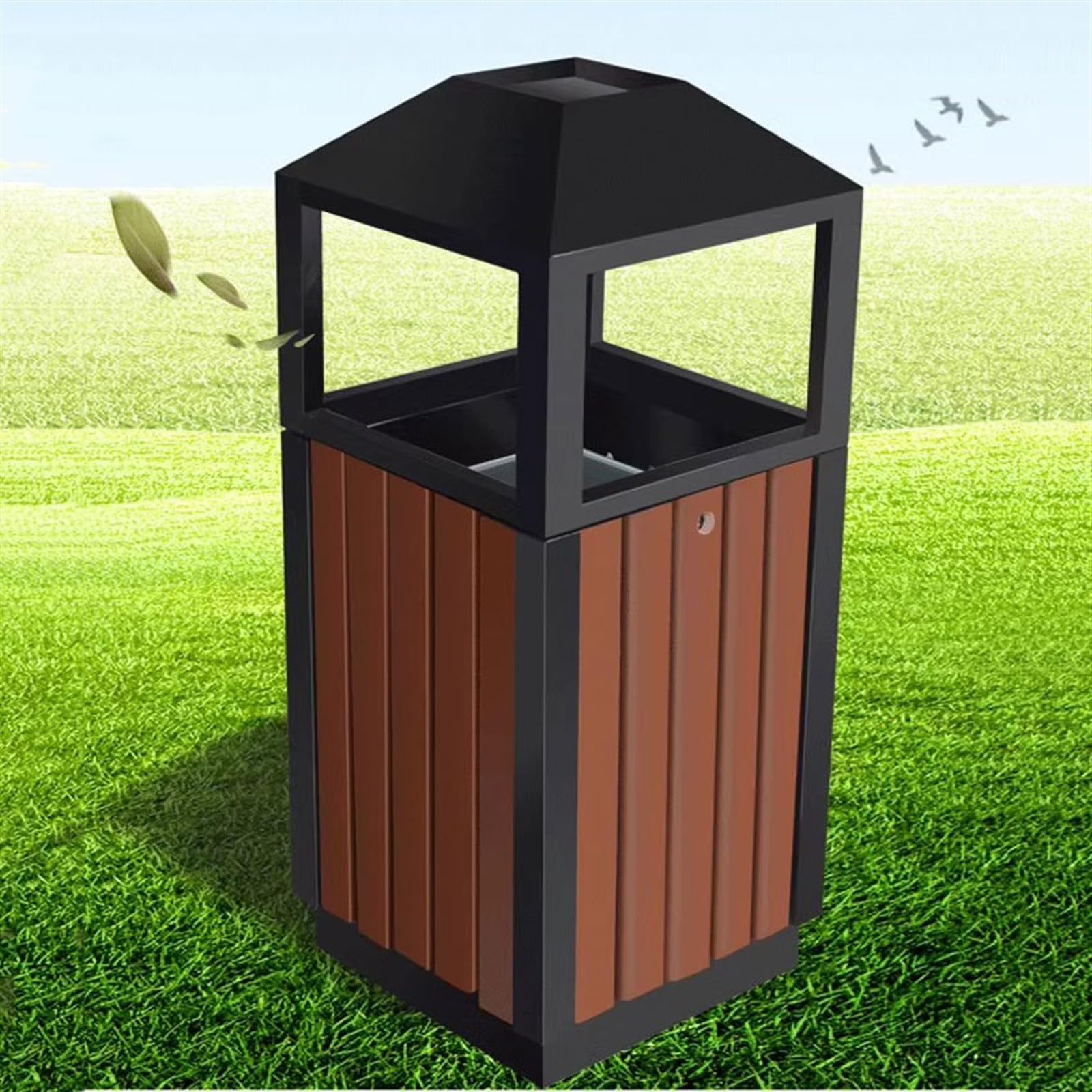 Recykling dużych pojemników na owoce na zewnątrz, krajobraz, szkoła społeczna, plac, stal i drewno, kreatywny cylinder do użytku na zewnątrz (pomarańczowy)