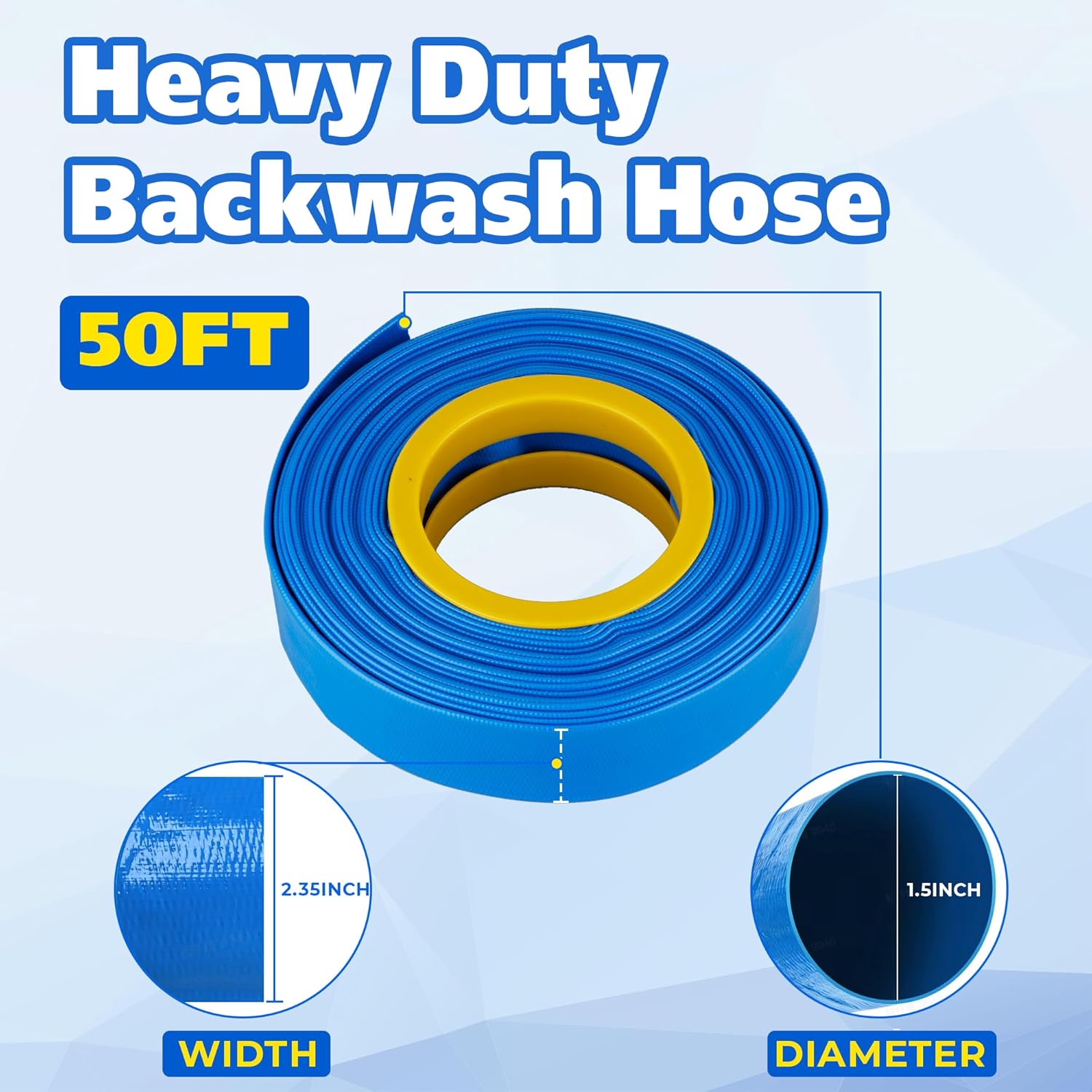 1-1/2-inch by 50ft Backwash Hose with Four Clamps, Pool Drain Hose，Sump Pump Discharge Hose Kit, Reinforced PVC Lay-Flat Hose