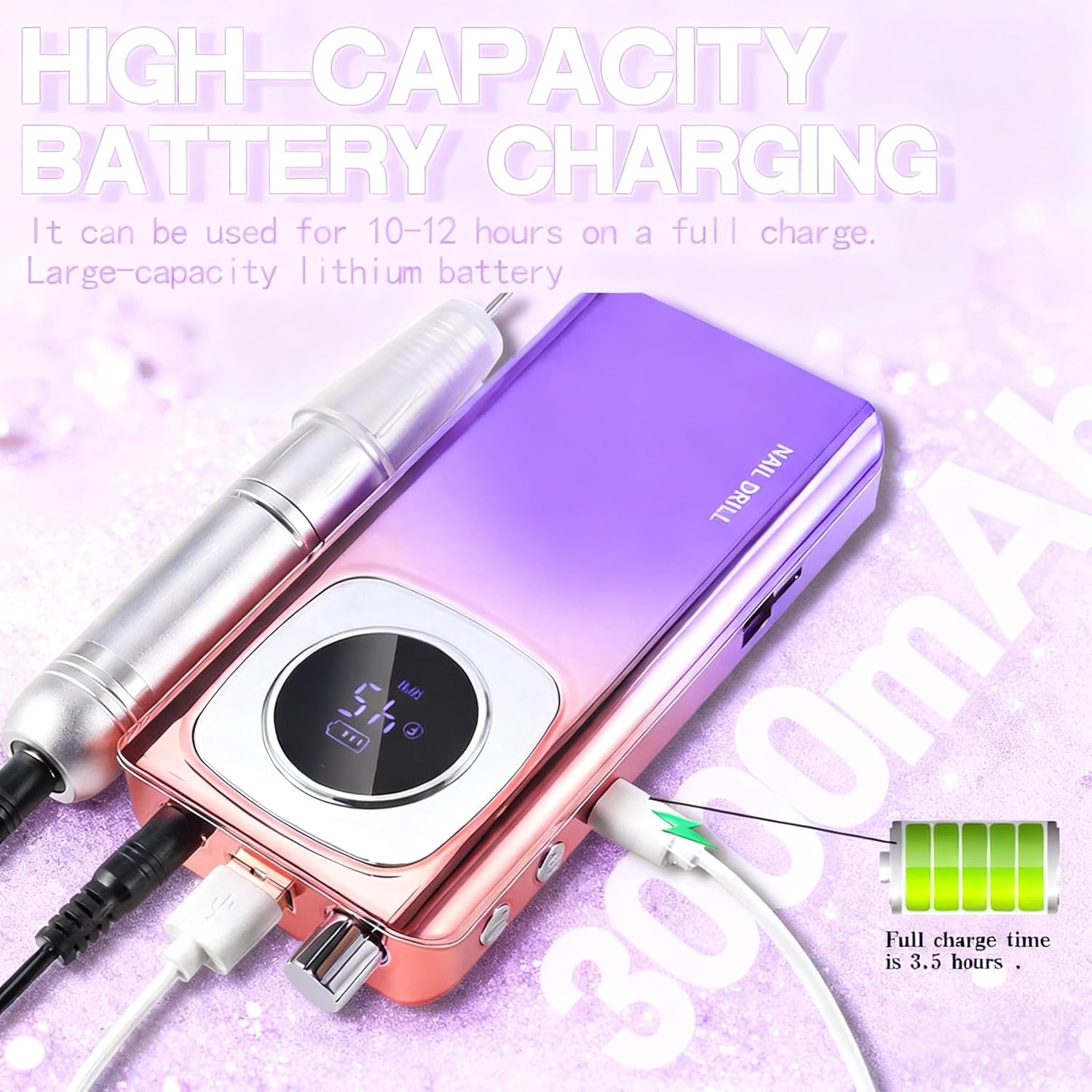 Kylara Professional Nail Drill–45000RPM Electric Nail File Cordless,Portable Efile for Acrylic & Gel Nails with LED Display,Low Noise Nail Drill Machine for Polishing & Removing,Salon & Home Use