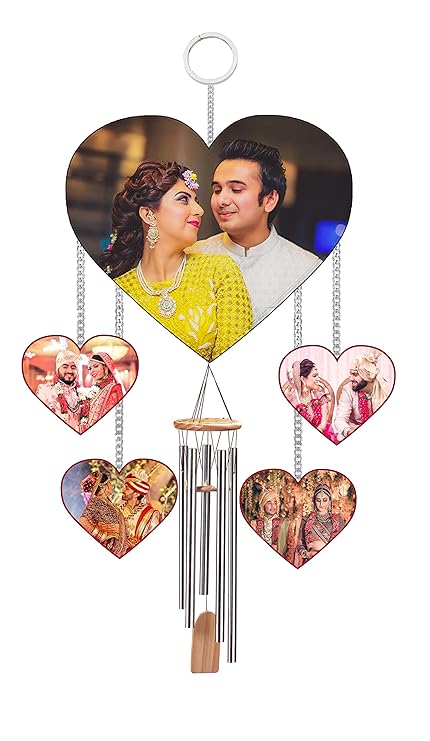 Shri Kanth Art Customized Wind Chimes with Your Printed Photos on Both Sides| Waterproof| Home D cor| MDF Wind Chime| Home & Balcony Decoration| 30 * 10 Inch, Heart Shape