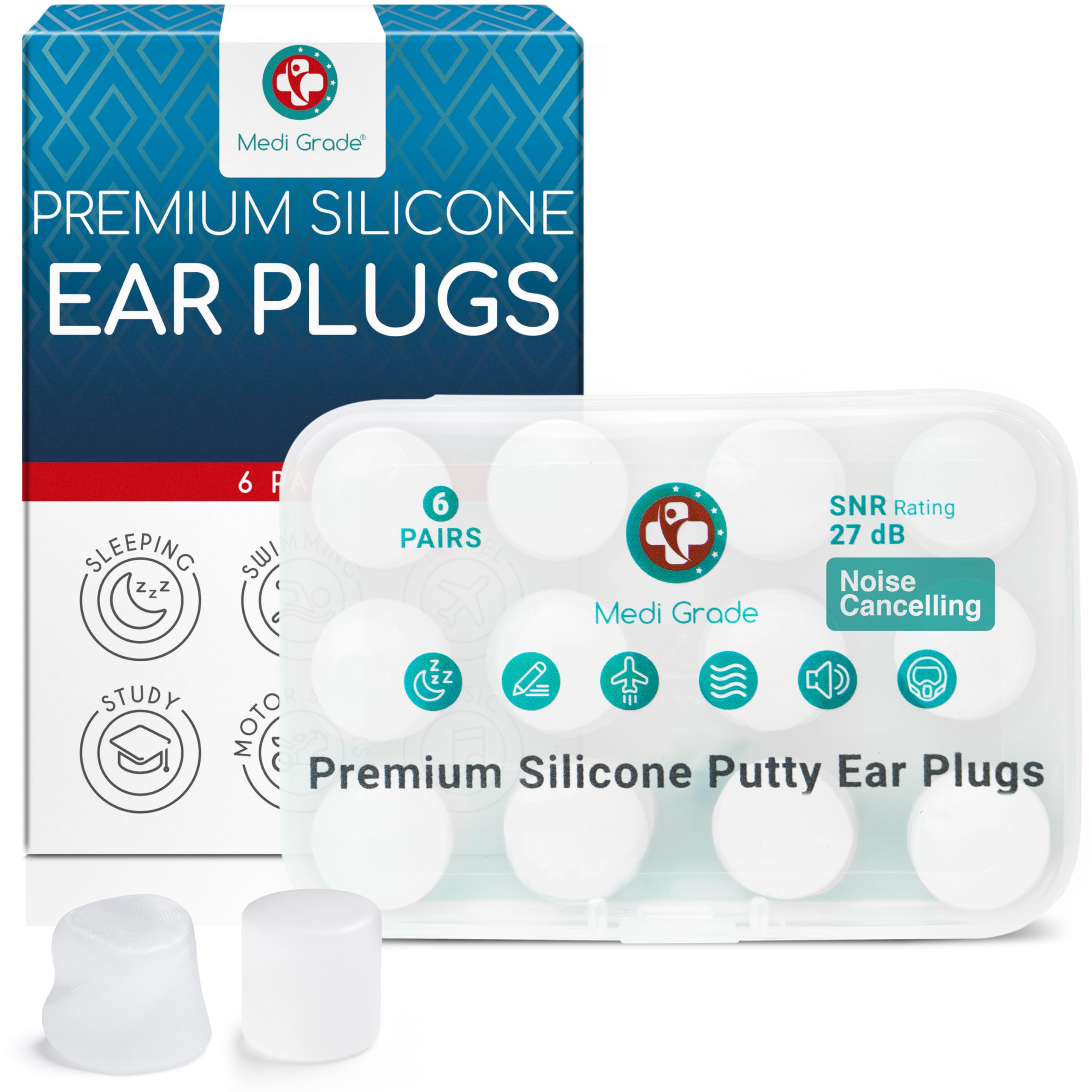 Medi Grade Silicone Ear Plugs for Sleeping, 6 Pairs - Custom Fit Soft Silicone Ear Plugs That Block Out Snoring 27dB – Noise Reduction Reusable Earbuds - Plugs Noise Cancelling
