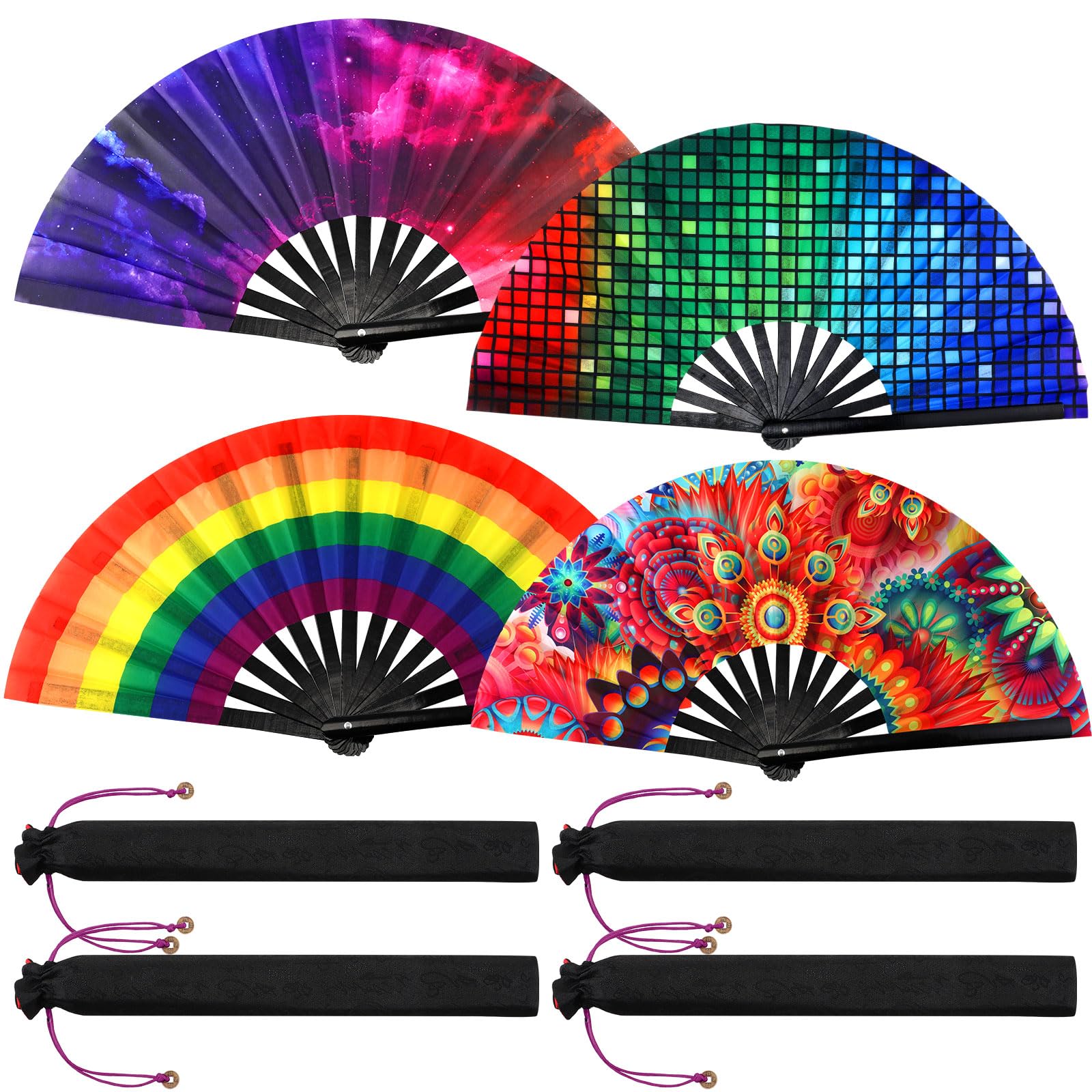 Qunclay 4 Pcs Large Folding Hand Rave Fan 13" Chinese Japanese Bamboo Festive UV Glow Fan for Music Festival Club Party Dance Performance Gift, 4 Styles