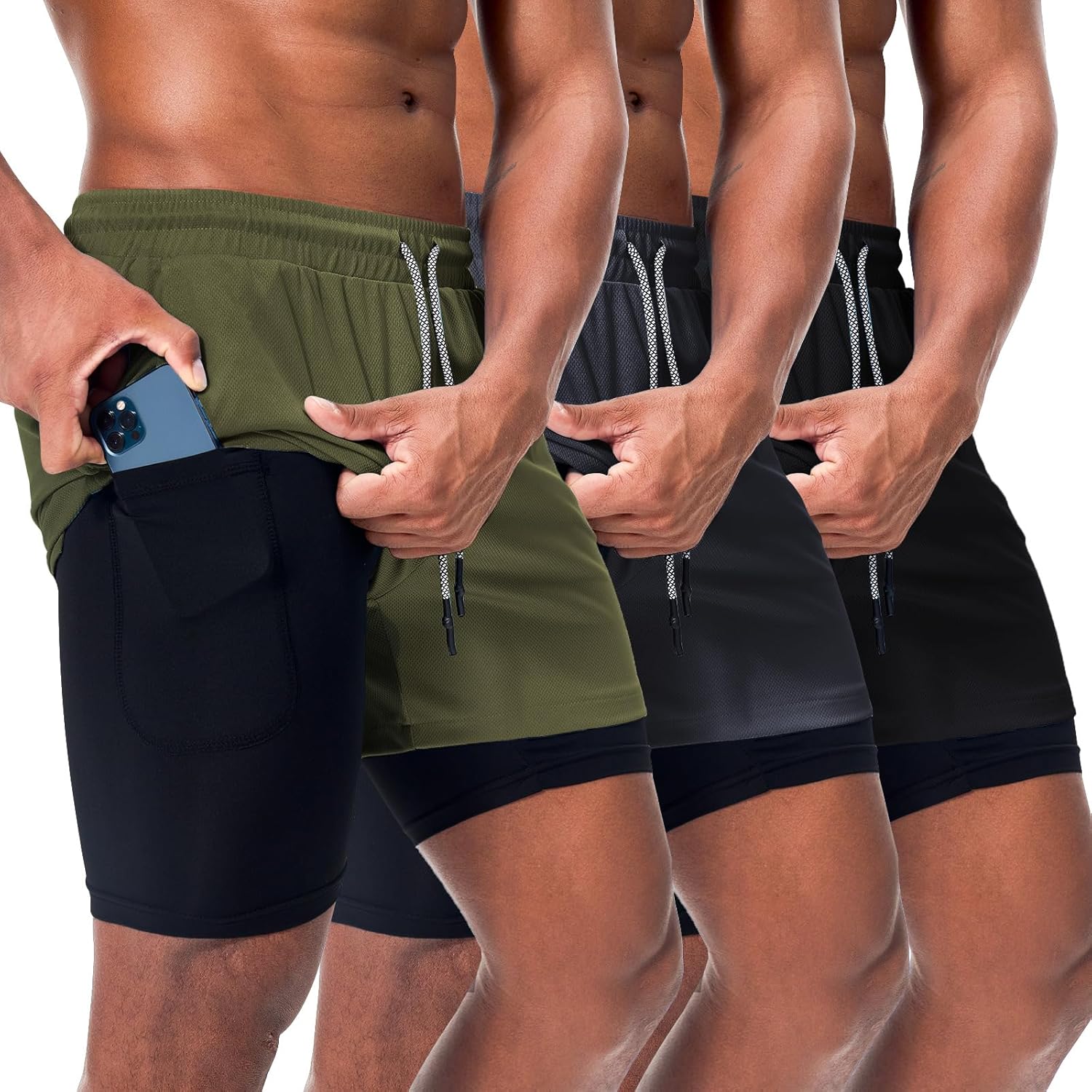 Surenow 3 Pack Mens Athletic Gym Shorts Quick Dry Workout Lightweight Shorts 2 in 1 Running Shorts for Men with Pockets