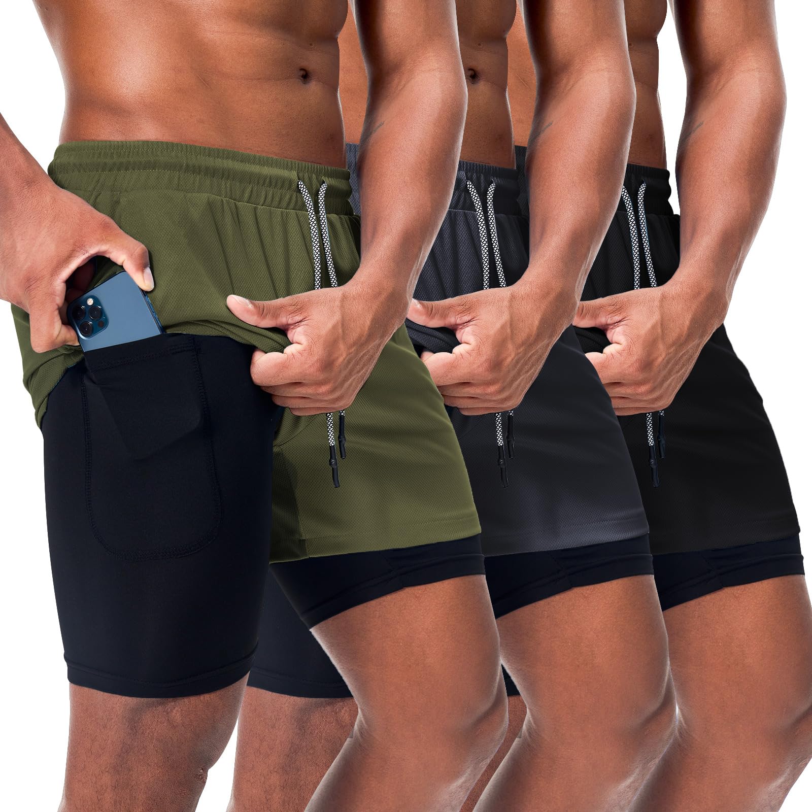Surenow 3 Pack Mens Athletic Gym Shorts Quick Dry Workout 2 in 1