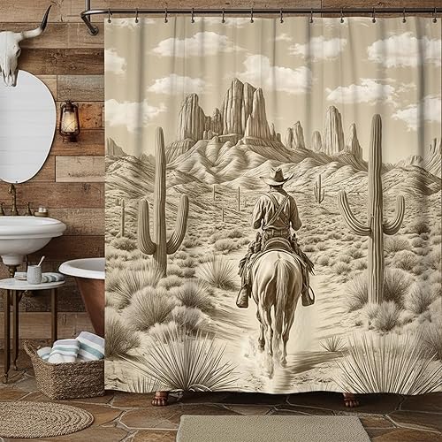 Miniatura 29 de DYNH Cortina de ducha vaquera del oeste, juego de cortina de ducha de estilo retro americano del país del salvaje oeste con vaquero montando