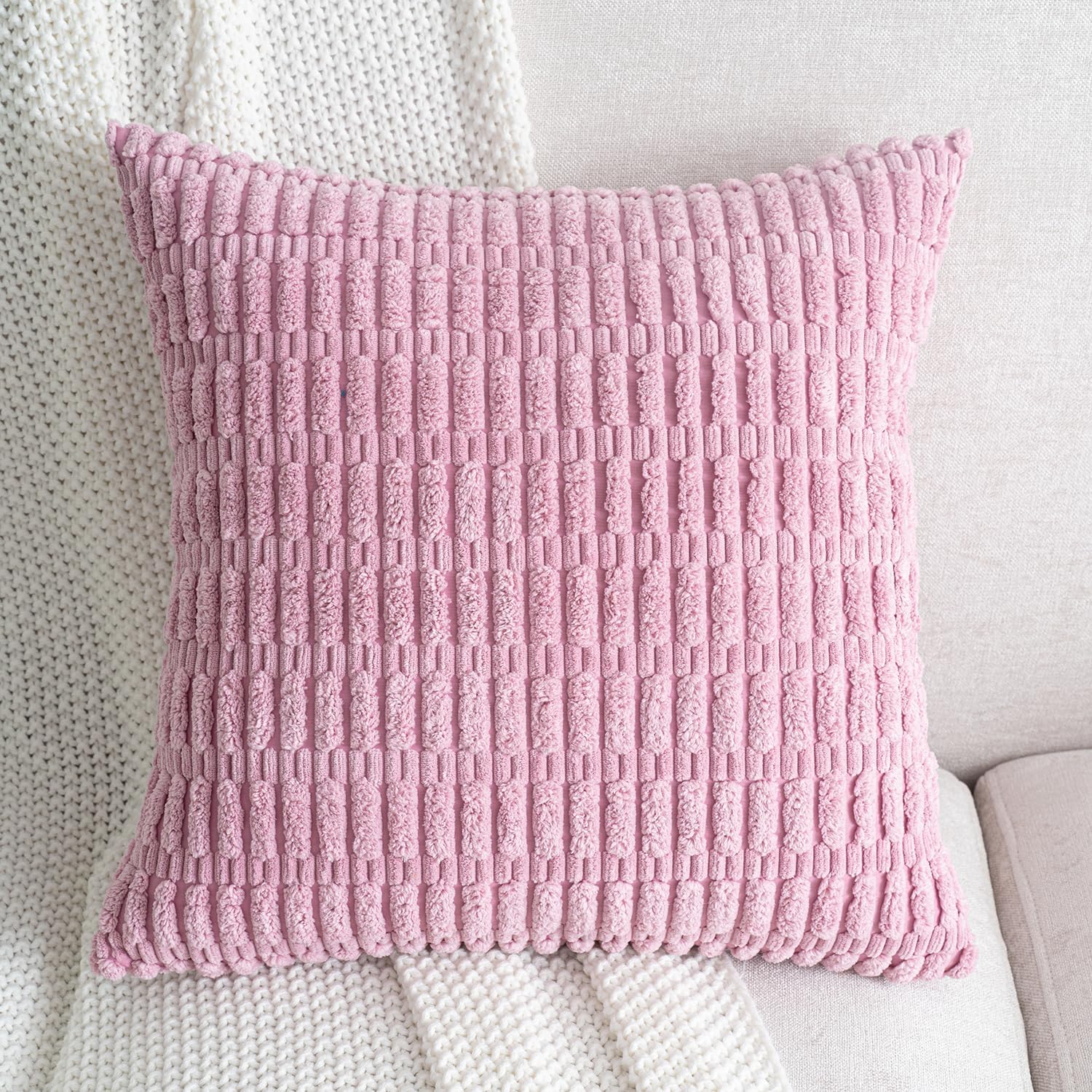 Pack of 2 Valentine Decorative Throw Pillow Covers 20x20 Inch Soft Corduroy Boho Striped Pillow Covers Modern Farmhouse Home Decor for Sofa Living Room Couch Bed Blush Pink Spring - Image 4