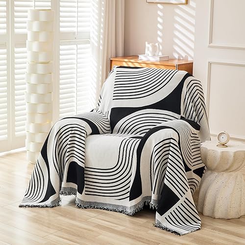 Funda bohemia de felpilla con borlas, funda de sofá bohemia para sofá de 1 plaza, sillón, silla, 1 plaza (71 x 91 pulgadas, negro)