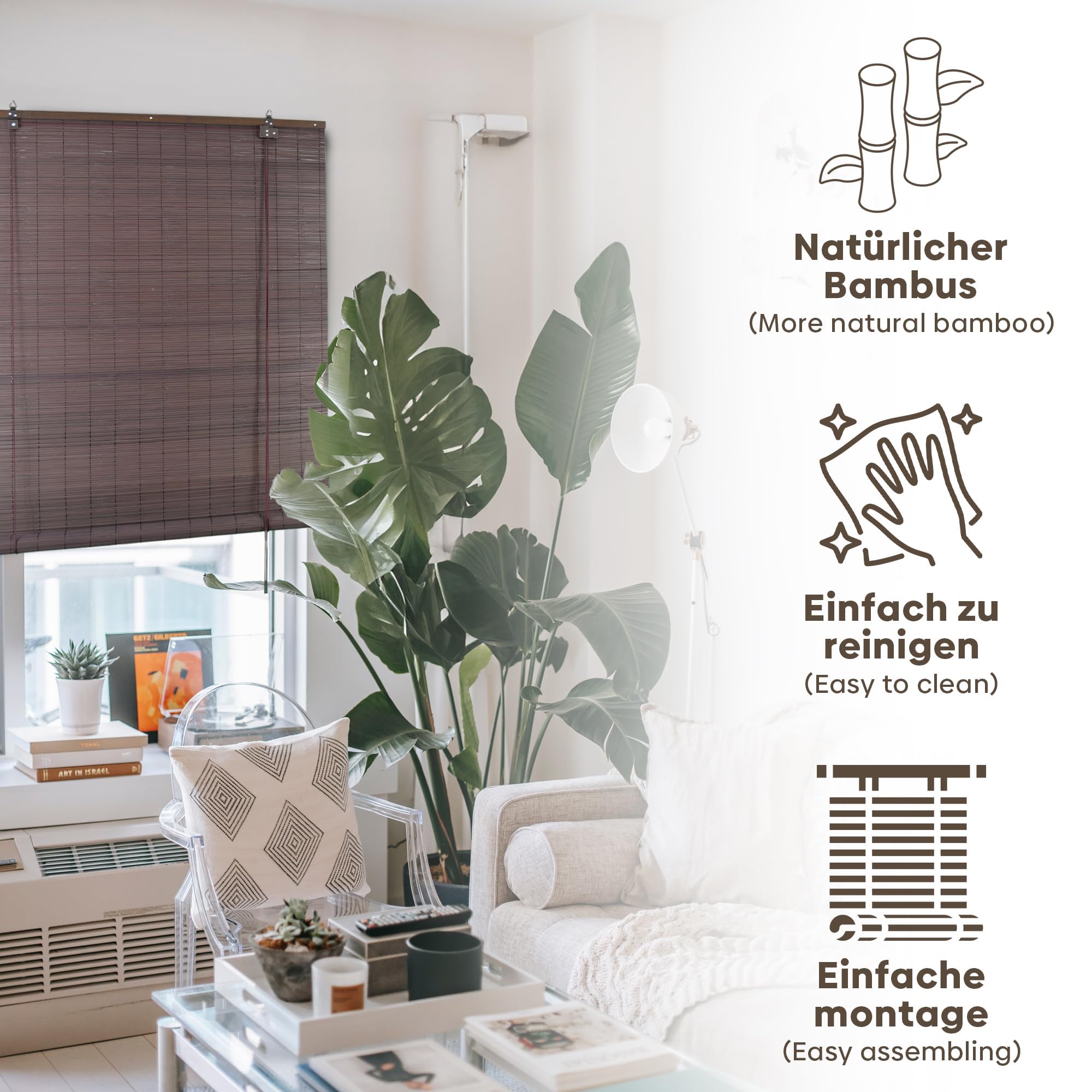 DEFACTO Bambusrollo Sonnenschutz Sichtschutz Seitenzugrollo Lichtfilter Bambus Jalousie Lüftung Rollo für Fenster Tür Terrasse Balkon Garten (150 x 220 cm, Dunkelbraun)