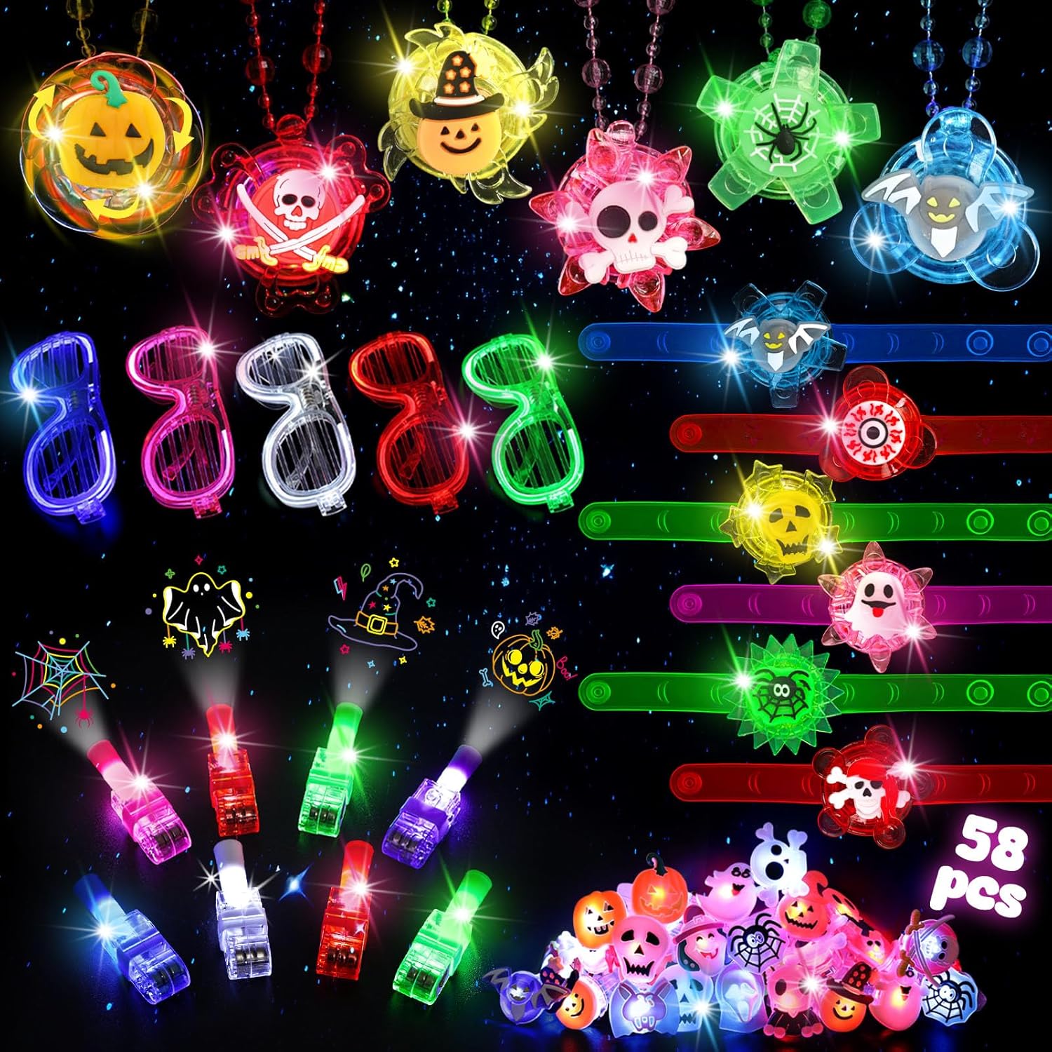 LovesTown 58PCS Halloween Party Favors for Kids, Halloween Glow in the Dark Toys LED Glasses Necklaces Bracelets Flash Rings for Adults Kids Party Supplies Goodie Bag Stuffers