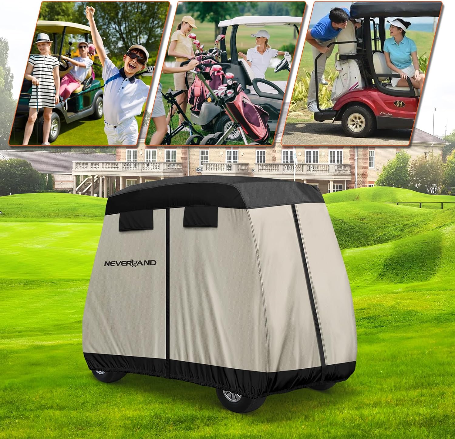 NEVERLAND Golf Cart Cover 4 Passenger - Outdoor Waterprood Golf Cart Covers, 420D Club Car Golf Cart Covers With Air Vent&Zipper Compatible with EZGO Yamaha Club Car 4 Seat (Up to 115 Inch)Black+Brown