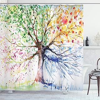 Best Ambesonne Tree Shower Curtain, Watercolor Style Tree with Colorful Blooming Branches 4 Seasons Theme, Cloth Fabric Bathroom Decor Set with Hooks, 75" Long, White Green Review 