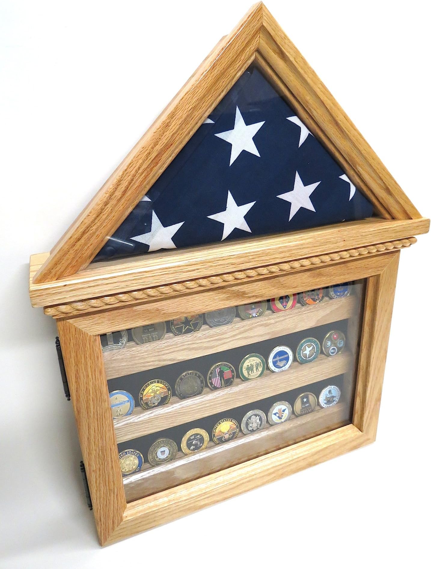 Military Flag Case Coin Display Shadow Box Combo (Solid Oak Wood)