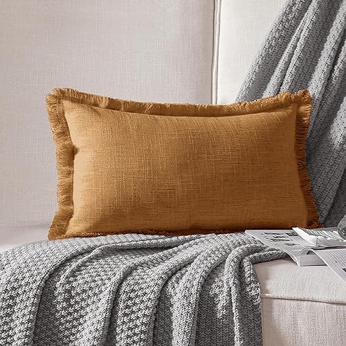 ATLINIA Funda de Almohada Decorativa - Funda de Almohada Lumbar de Lino de 12x20 Pulgadas Decorativa Estilo Granja Bohemio con Flecos Funda de Cojín