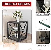 Vista 7 de Mesa auxiliar rústica para sala de estar, mesita de noche de dormitorio de 17.7 pulgadas, moderno estante de vidrio templado y mesa auxiliar