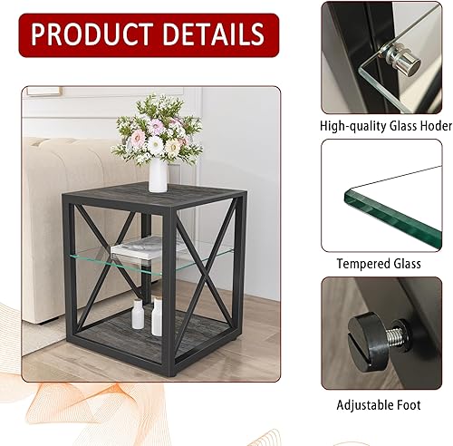 Miniatura 7 de Mesa auxiliar rústica para sala de estar, mesita de noche de dormitorio de 17.7 pulgadas, moderno estante de vidrio templado y mesa auxiliar
